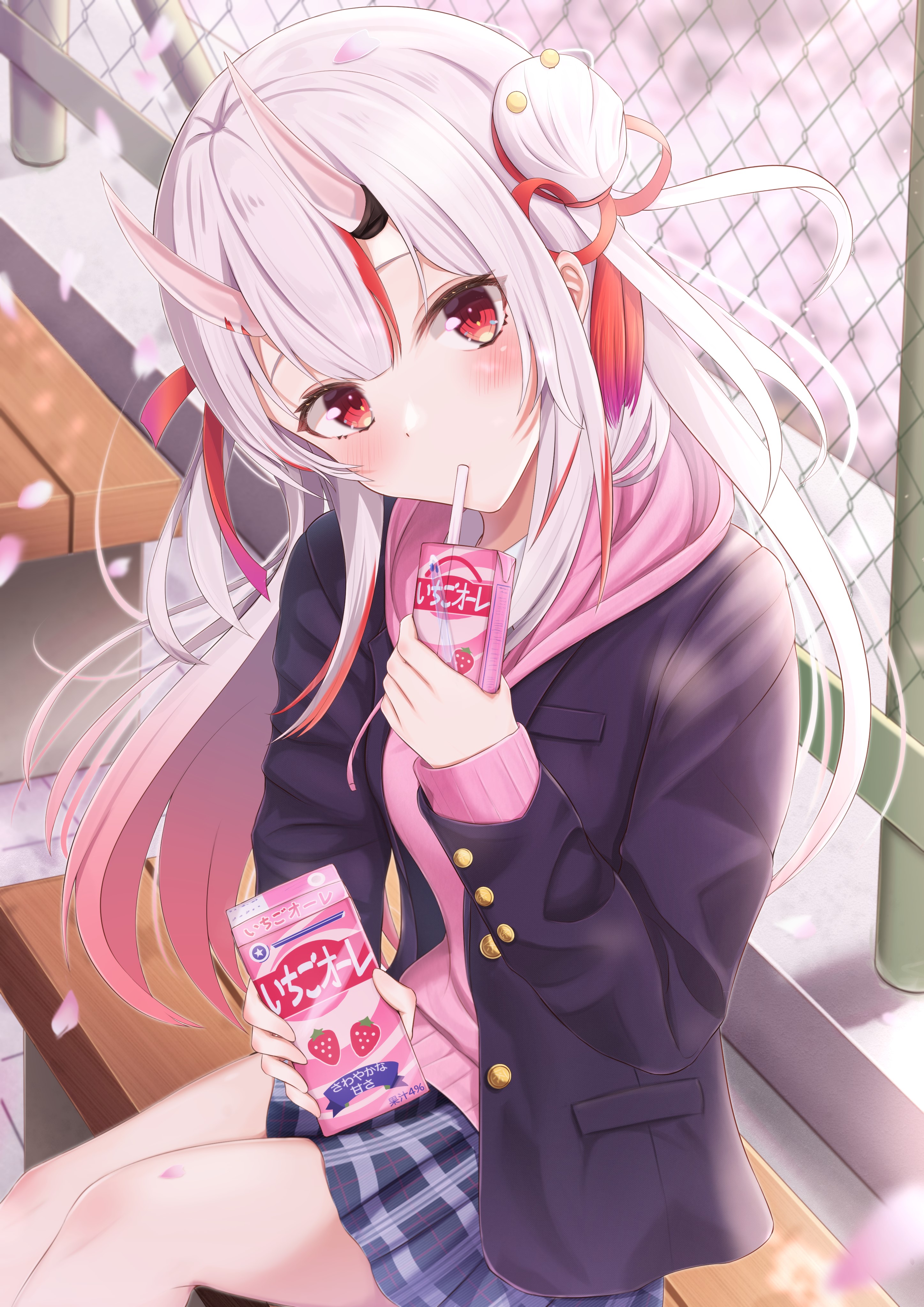 Nakiri Ayame from Hololive drinking strawberry milk HD Phone Wallpaper