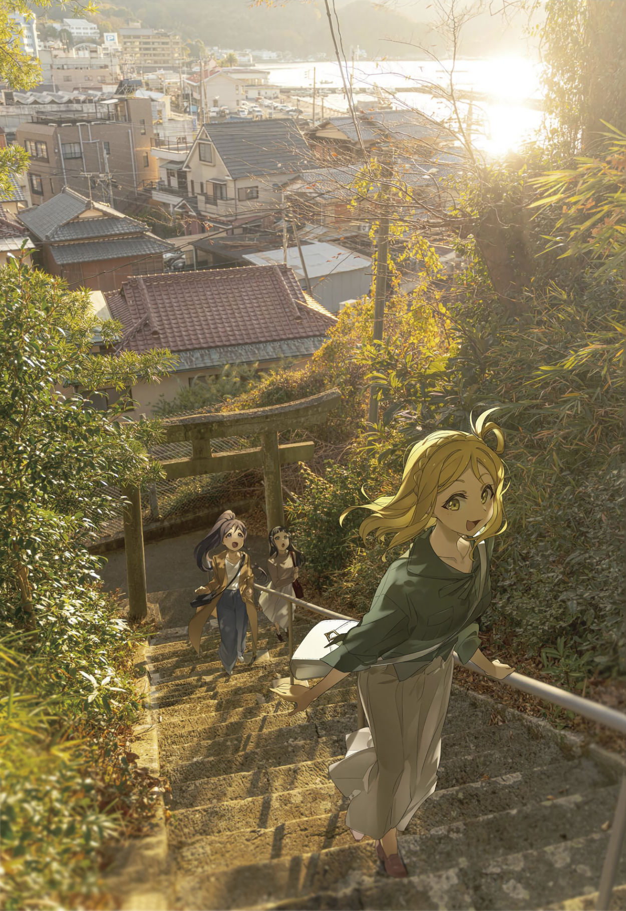 Anime girls walking up stairs in a Japanese town HD Phone Wallpaper