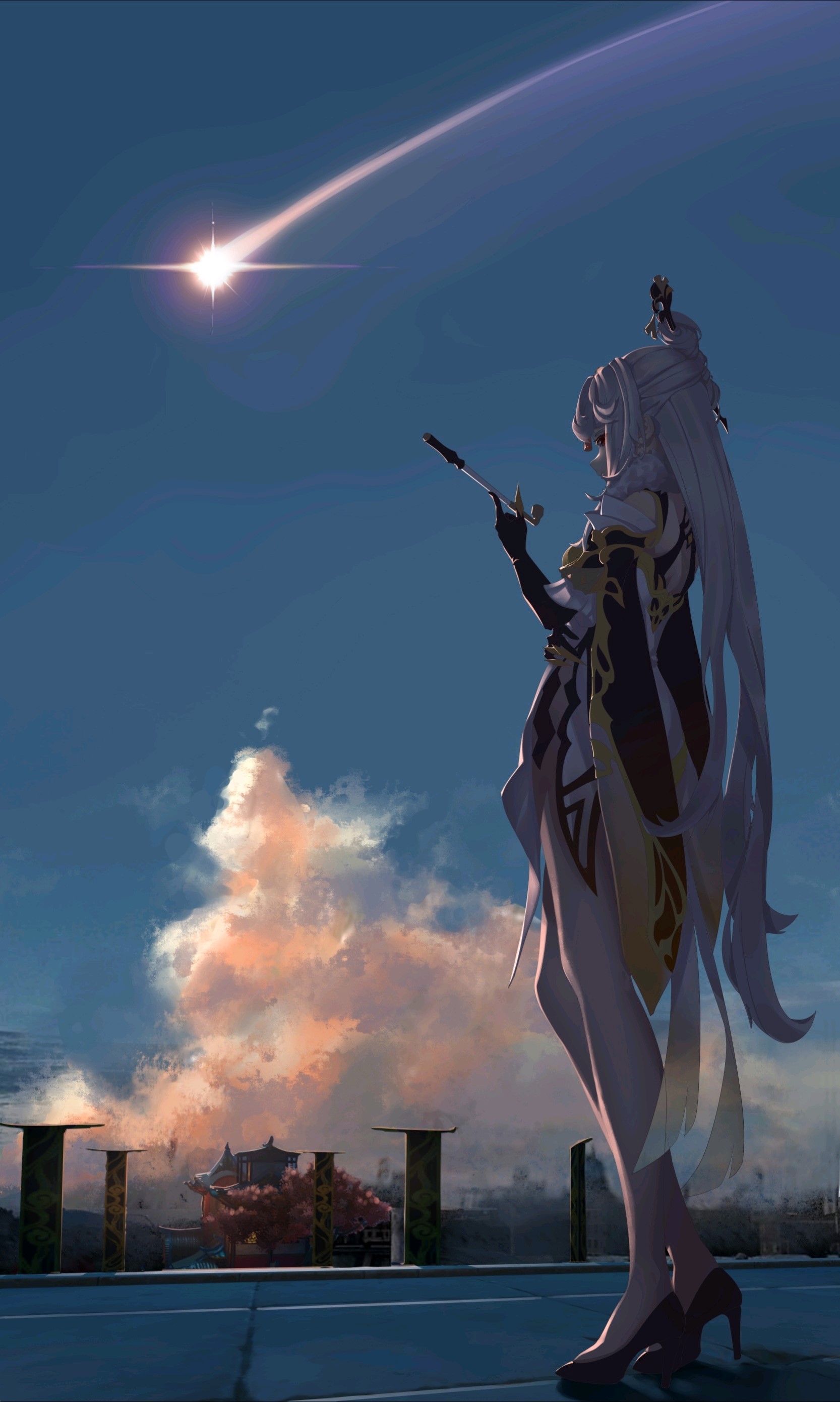 Ningguang from Genshin Impact watching a meteor shower HD Phone Wallpaper