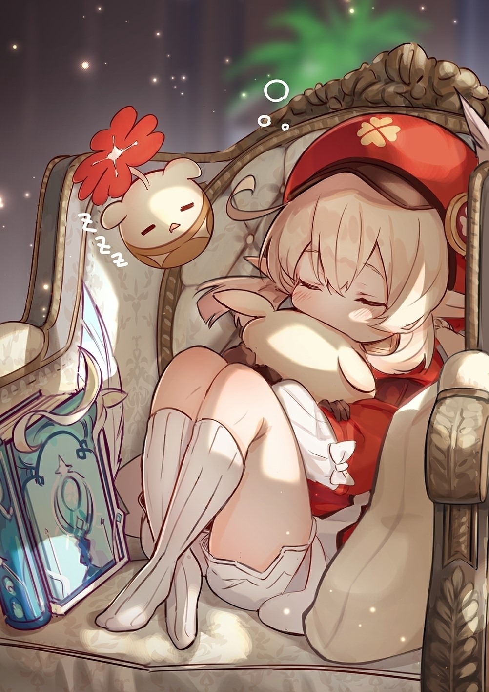 Klee sleeping on a couch with Dodoco in Genshin Impact HD Phone Wallpaper