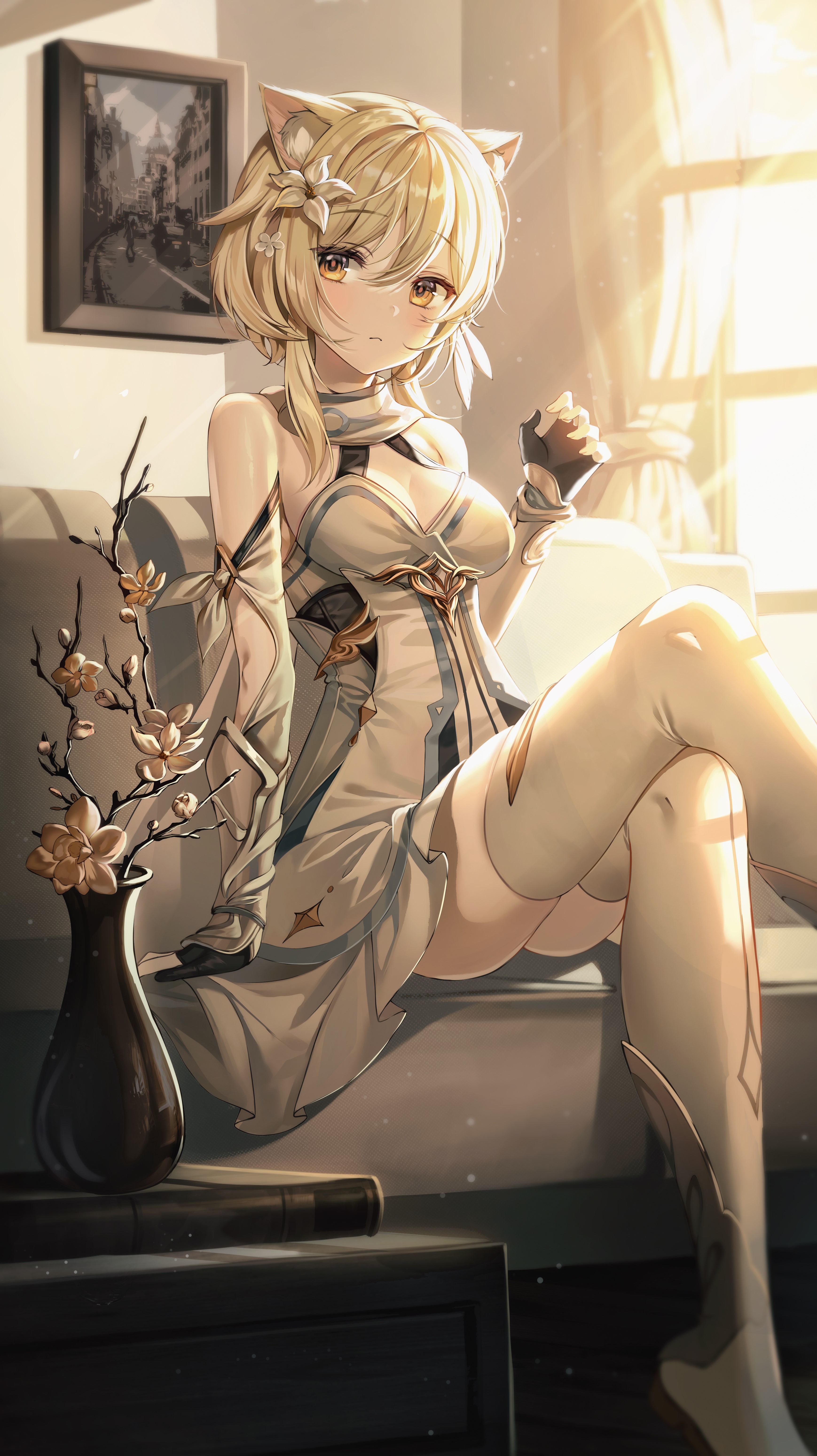 Lumine from Genshin Impact sitting on a couch HD Phone Wallpaper