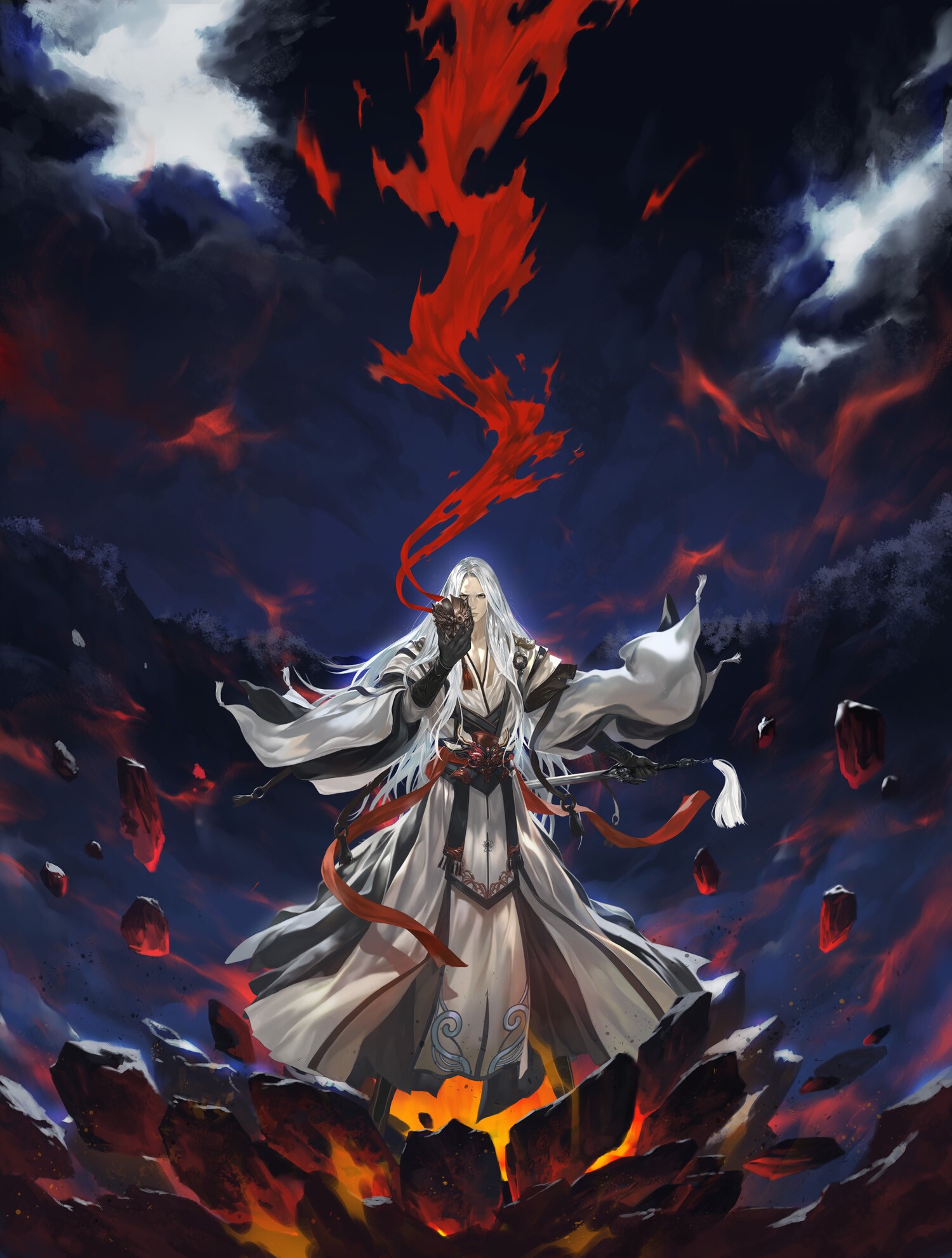 Fantasy art of a man with long white hair and red fire HD Phone Wallpaper