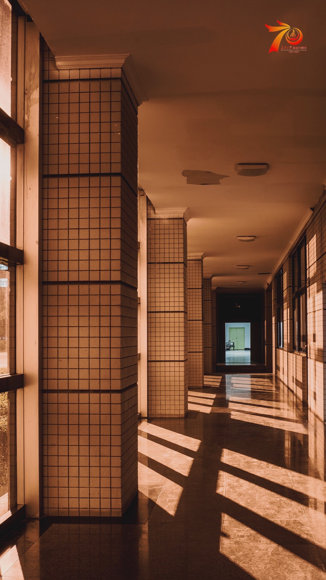Empty school hallway with sunlight and shadows HD Phone Wallpaper