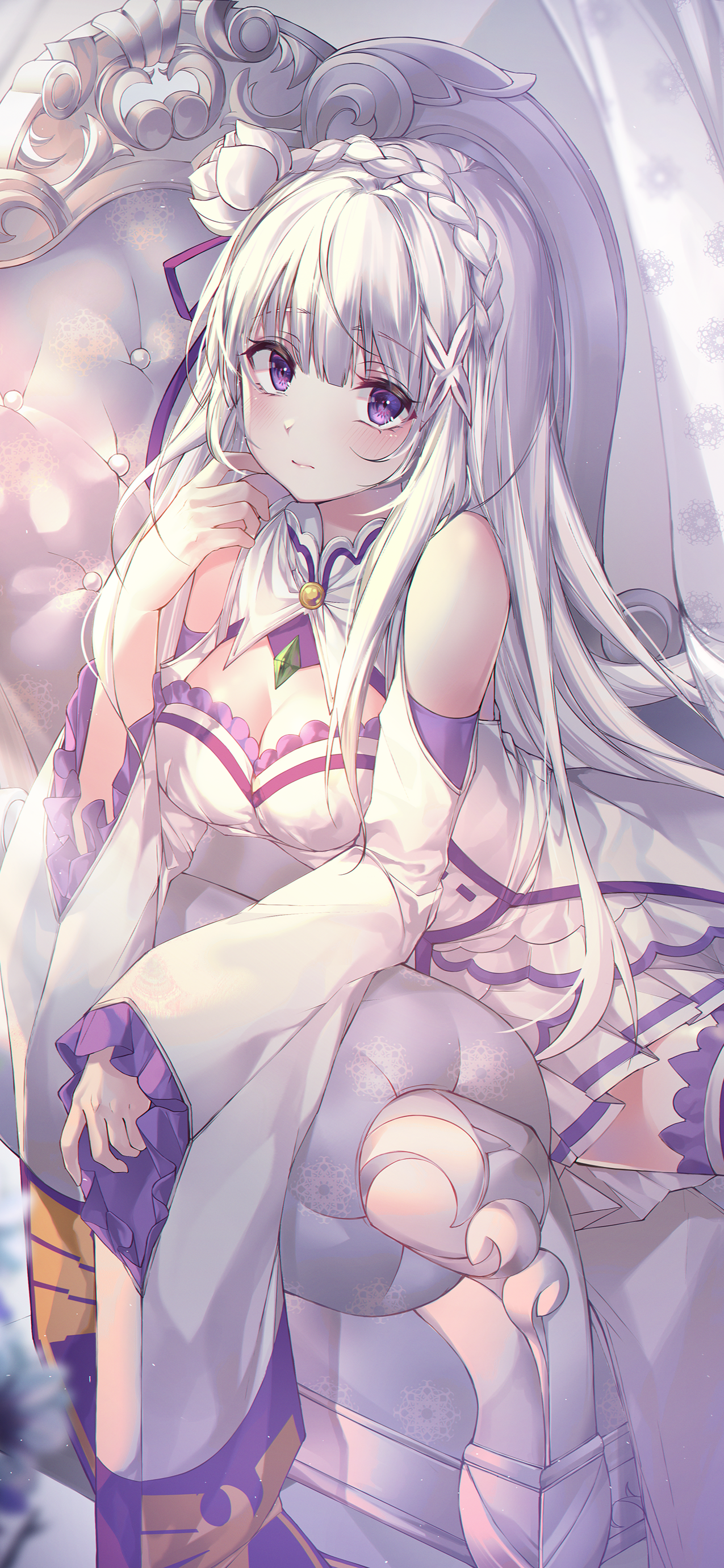 Emilia from Re:Zero Kara Hajimeru Isekai Seikatsu sitting on a throne HD Phone Wallpaper