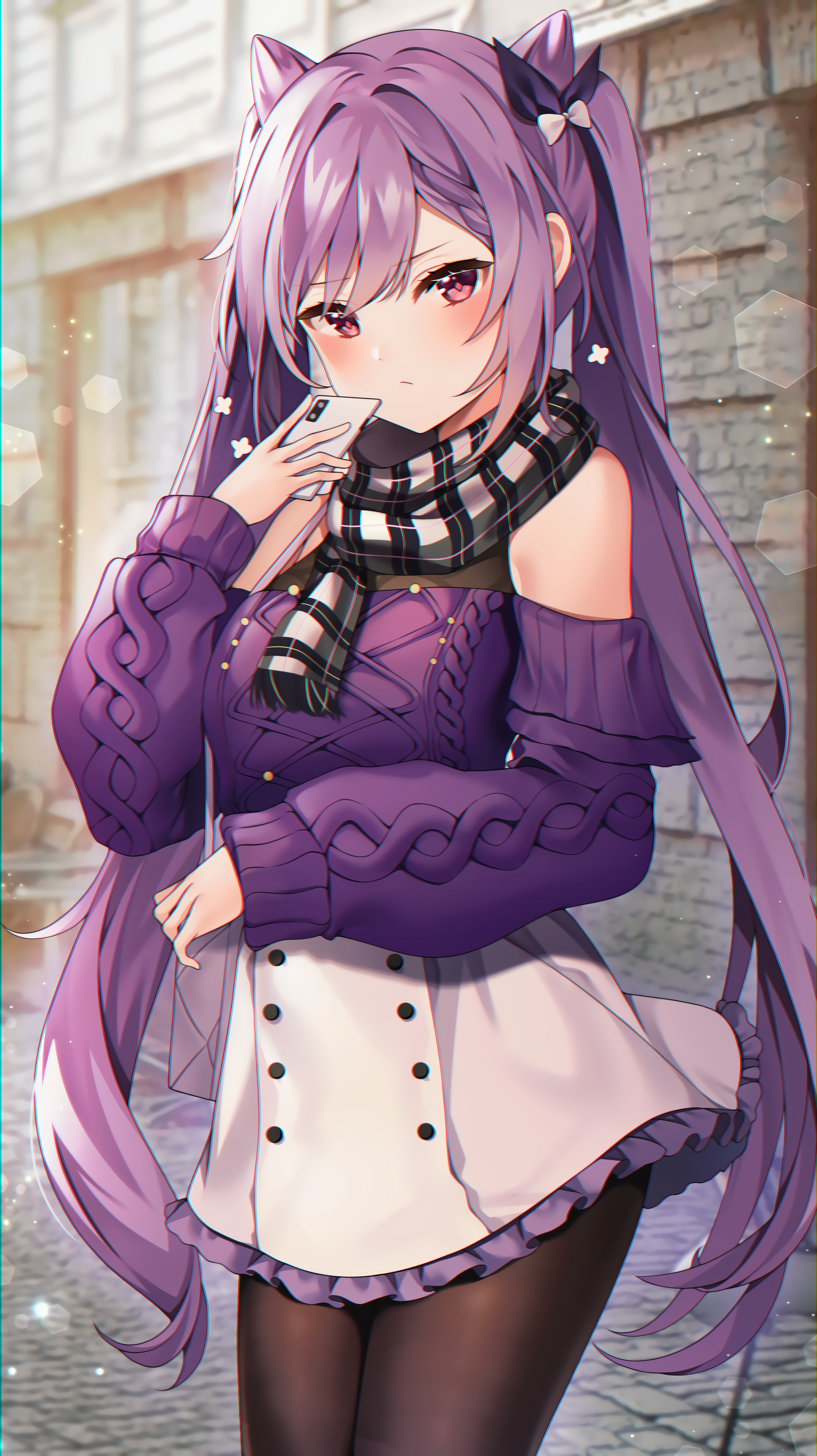 Keqing from Genshin Impact holding a phone HD Phone Wallpaper