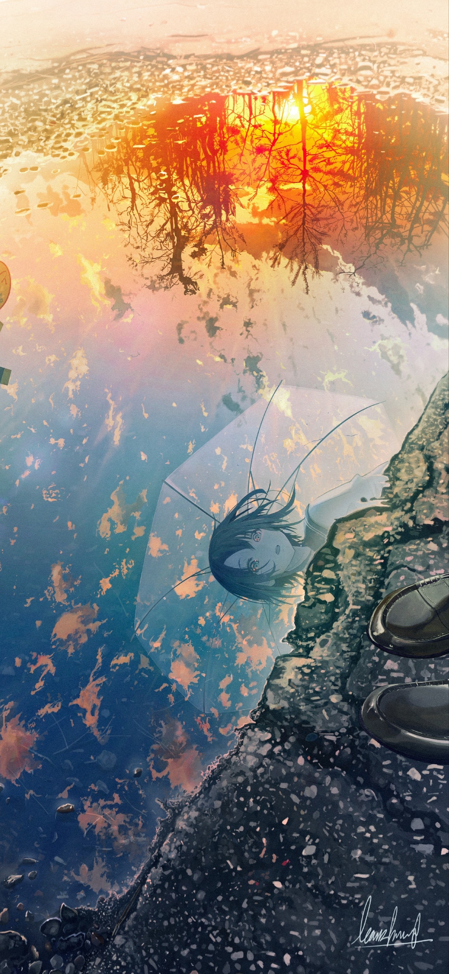 Anime girl reflected in a puddle under a sunset HD Phone Wallpaper