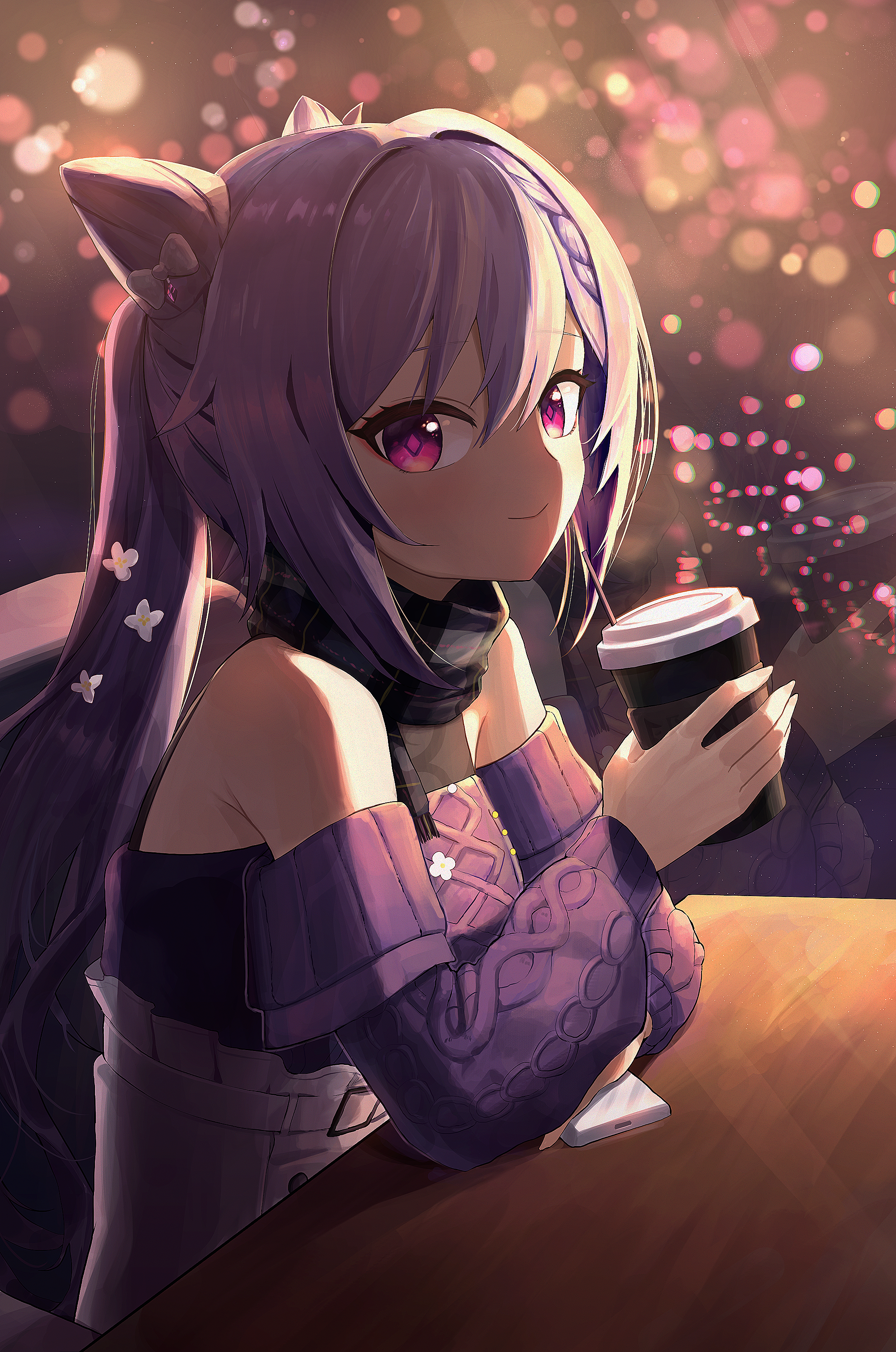 Keqing from Genshin Impact holding a coffee cup HD Phone Wallpaper