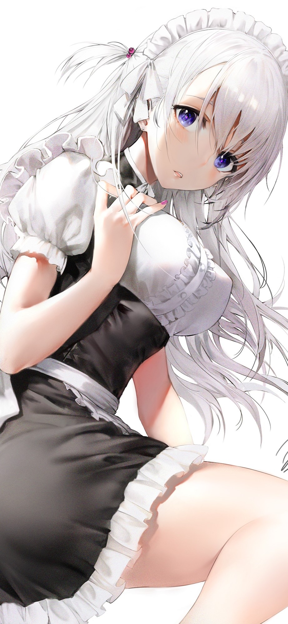 Maid Outfit Anime Girl with White Hair and Blue Eyes HD Phone Wallpaper