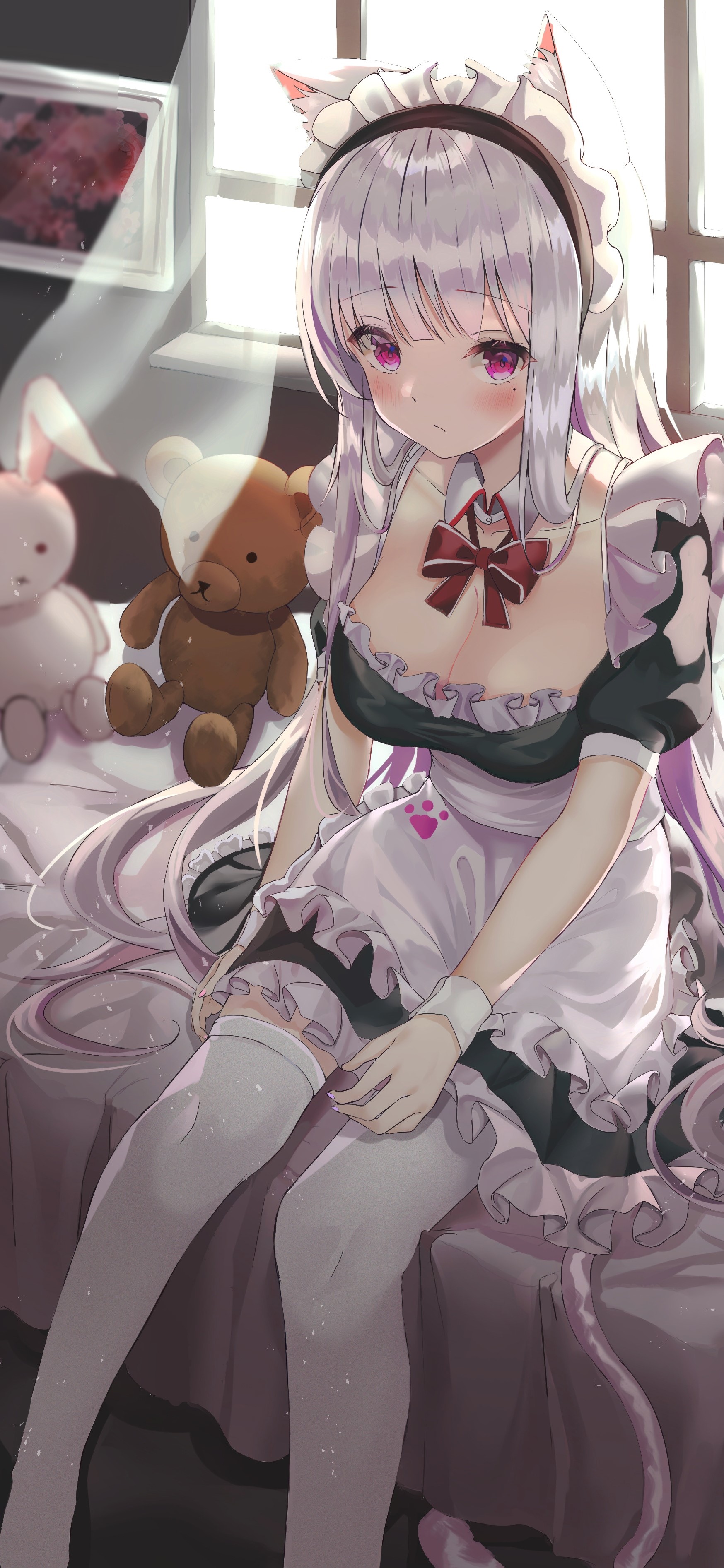 Cat girl maid with teddy bear HD Phone Wallpaper