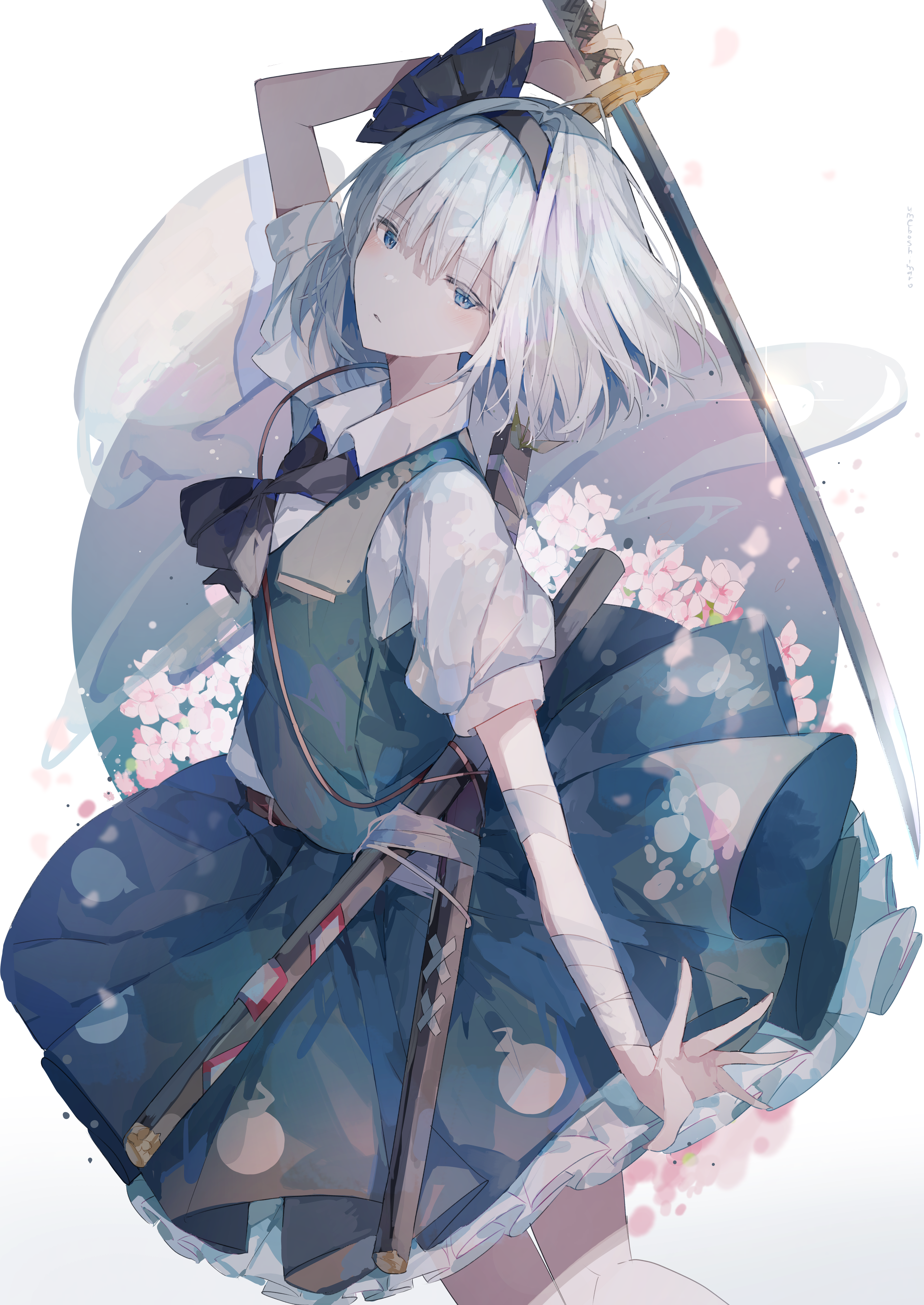 Konpaku Youmu from Touhou with a sword and cherry blossoms HD Phone Wallpaper