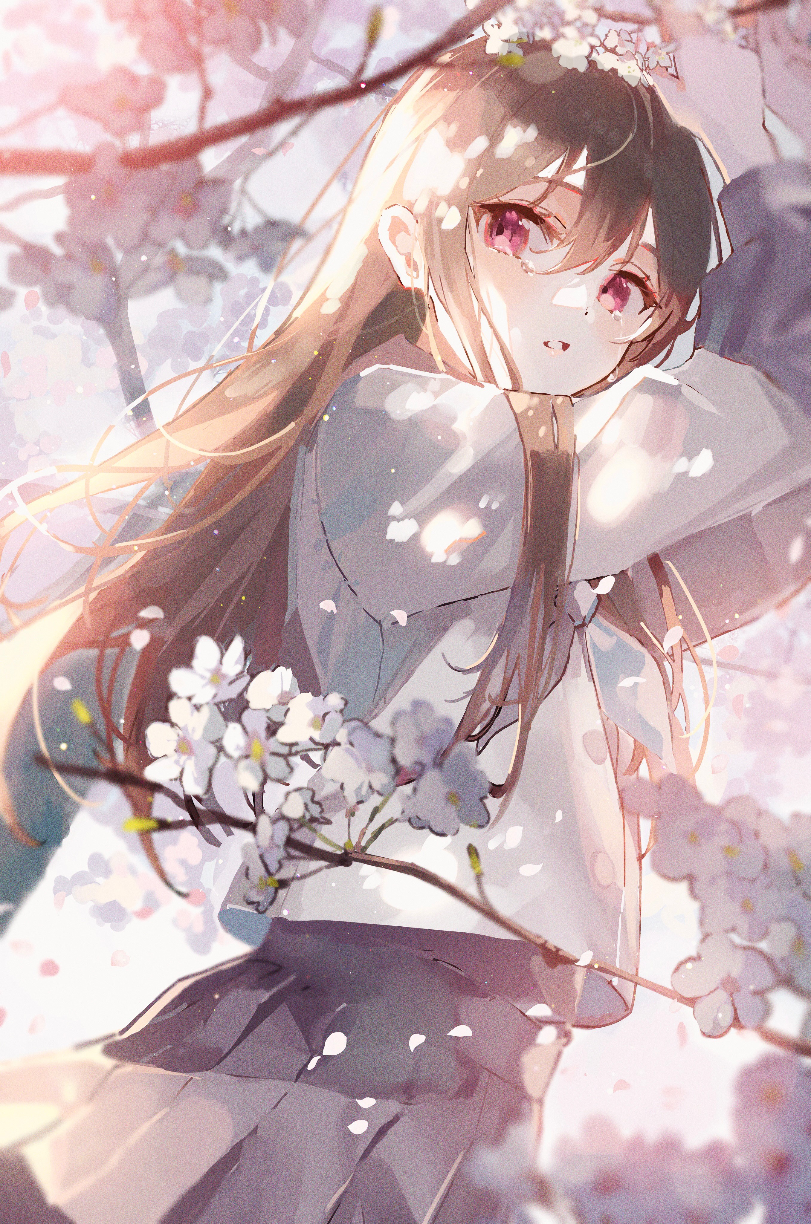 Anime girl with sakura blossoms HD Phone Wallpaper