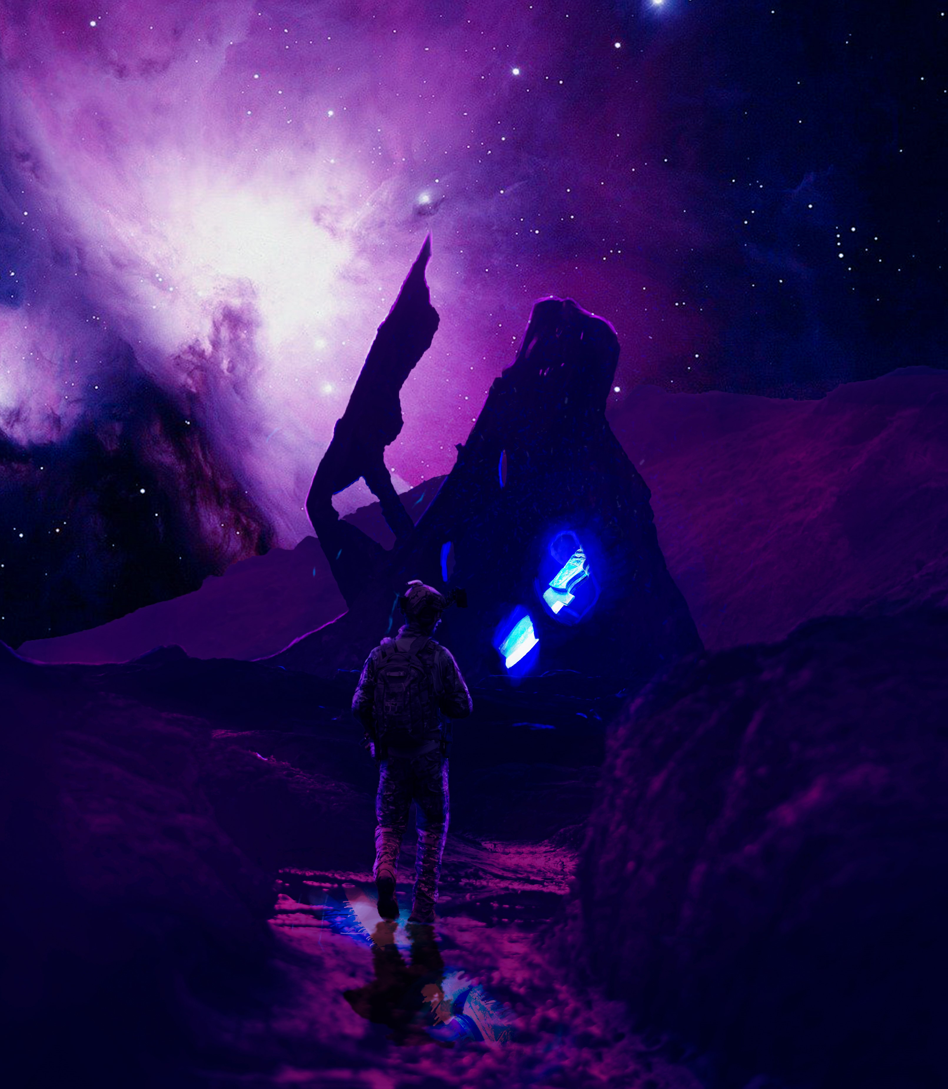 Soldier in alien landscape with purple nebula HD Phone Wallpaper