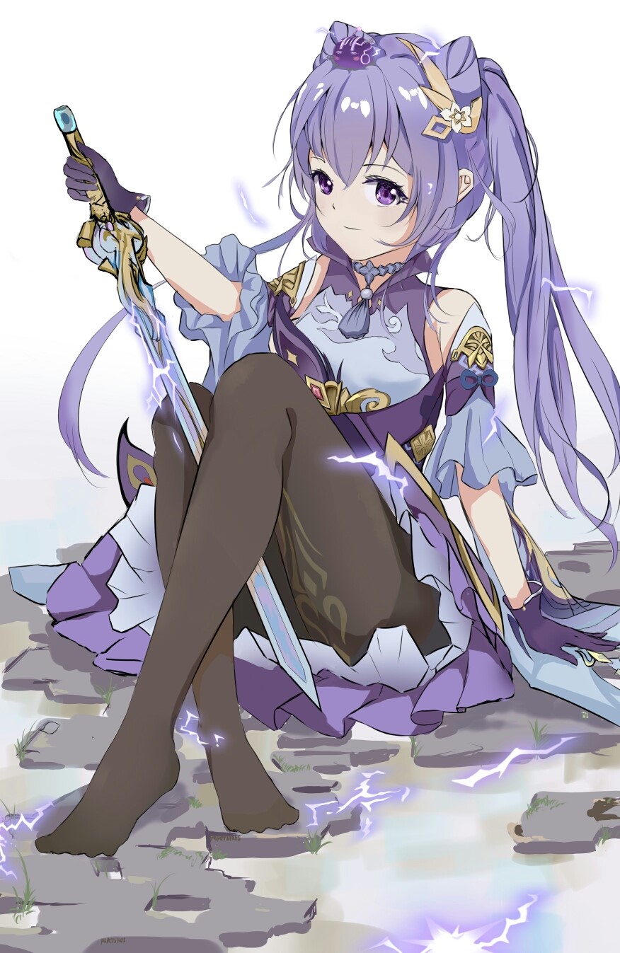 Keqing from Genshin Impact holding a sword HD Phone Wallpaper