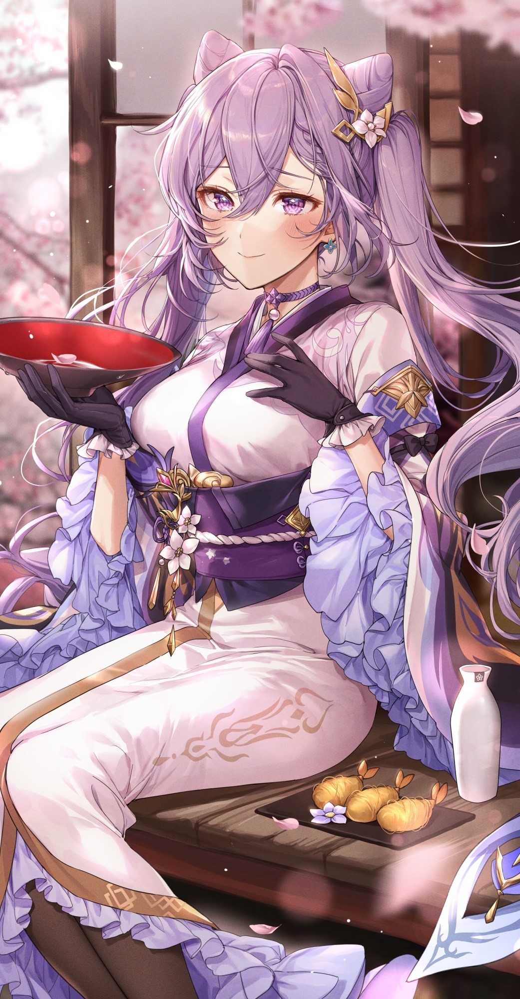 Keqing from Genshin Impact with sake and snacks HD Phone Wallpaper