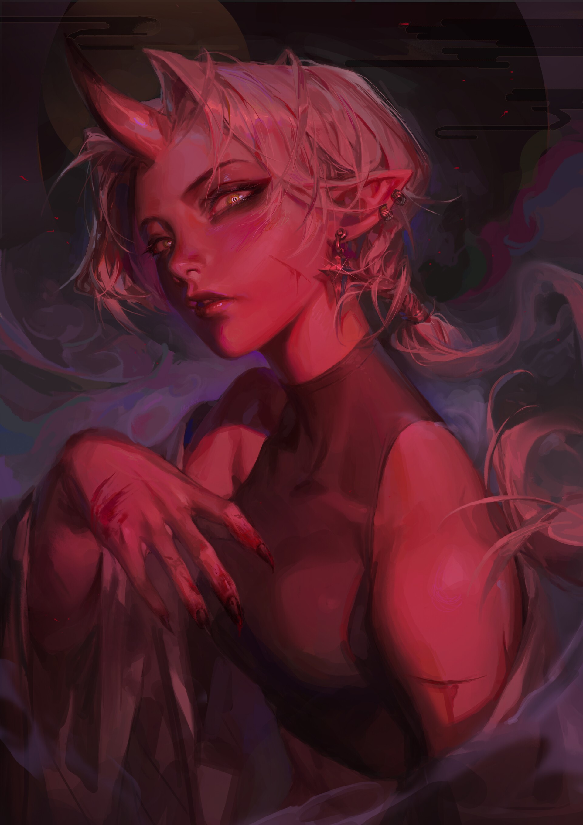 Artwork of a demon girl with red skin and horns HD Phone Wallpaper