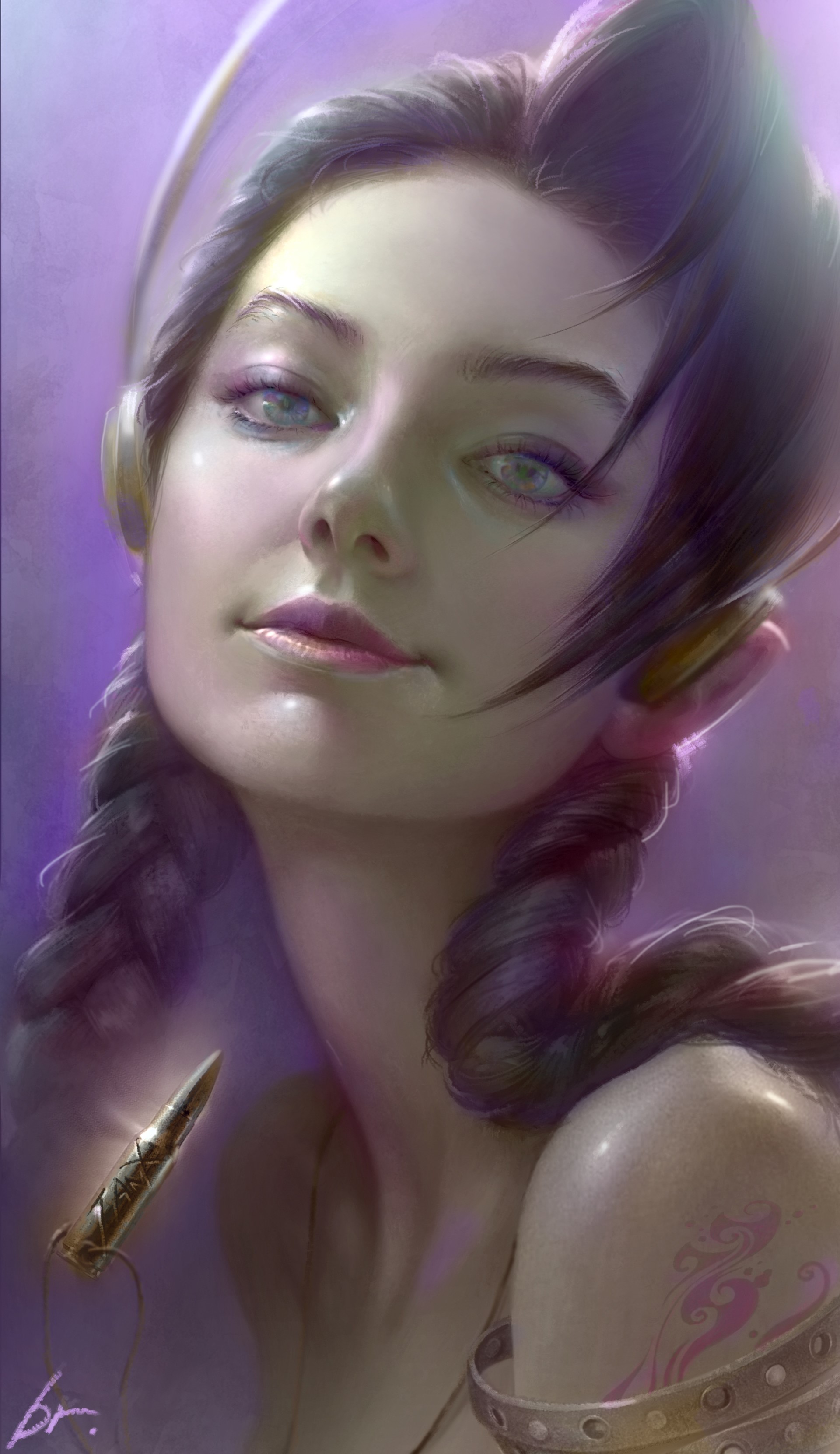 Digital art portrait of a woman with headphones and braids HD Phone Wallpaper