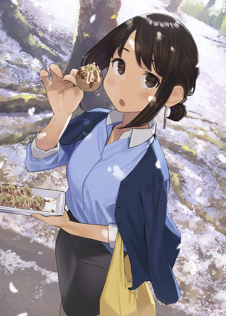 Anime girl holding takoyaki with food tray HD Phone Wallpaper