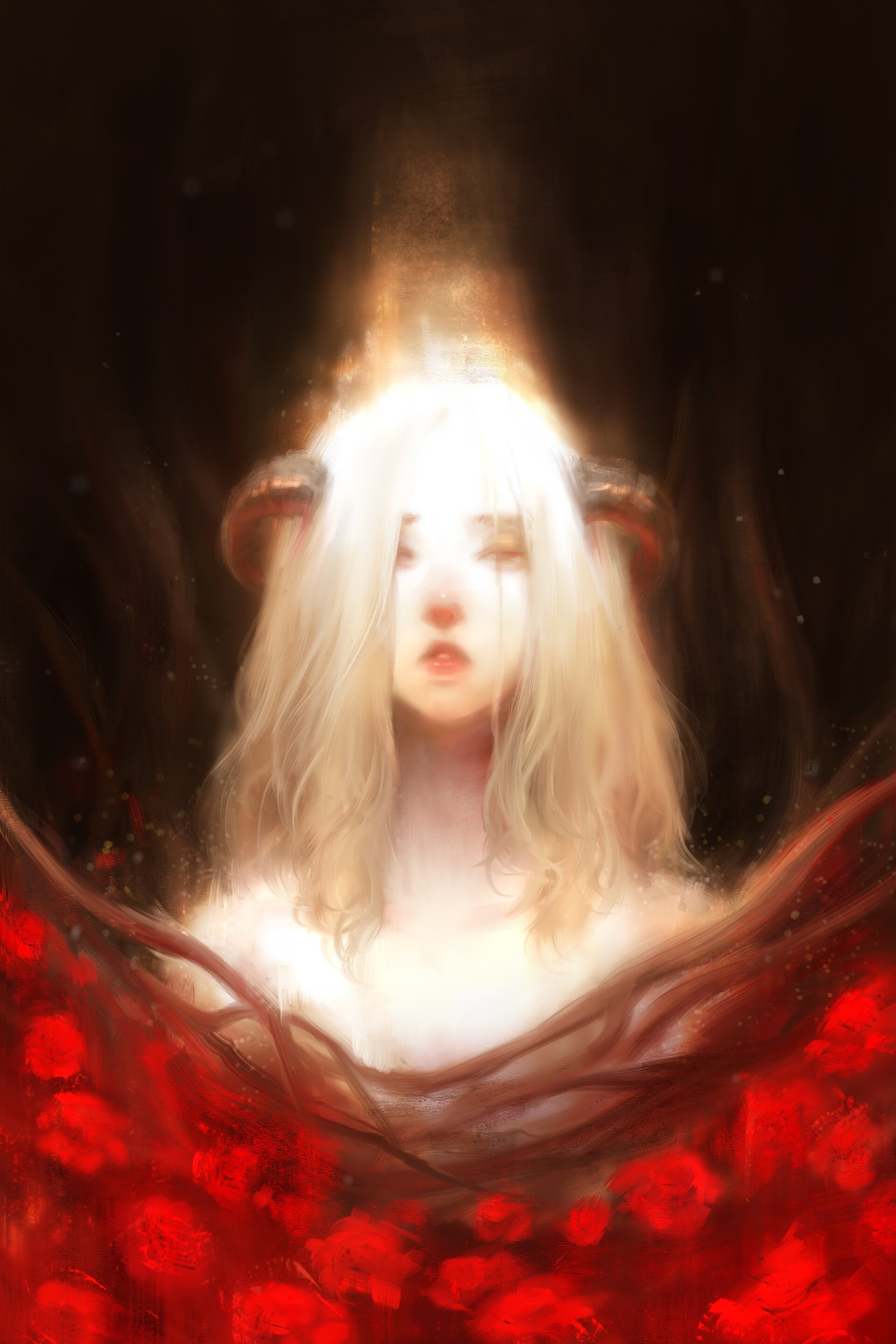 Woman with horns and white hair surrounded by red flowers HD Phone Wallpaper