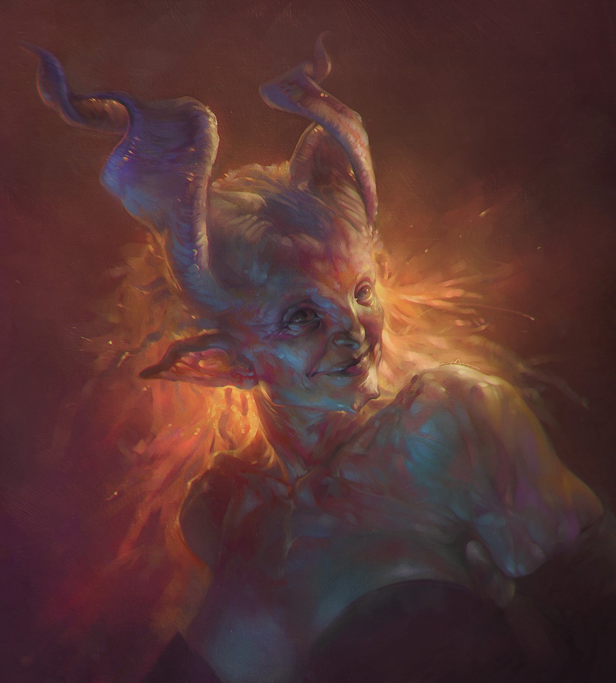 Woman with horns and pointed ears smiling HD Phone Wallpaper