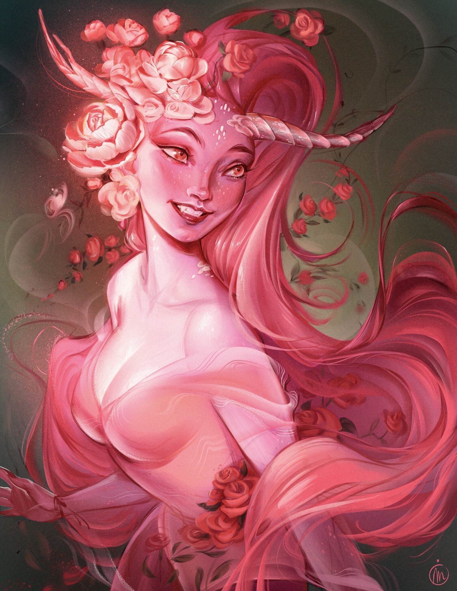 Digital art portrait of a pink unicorn woman with roses HD Phone Wallpaper