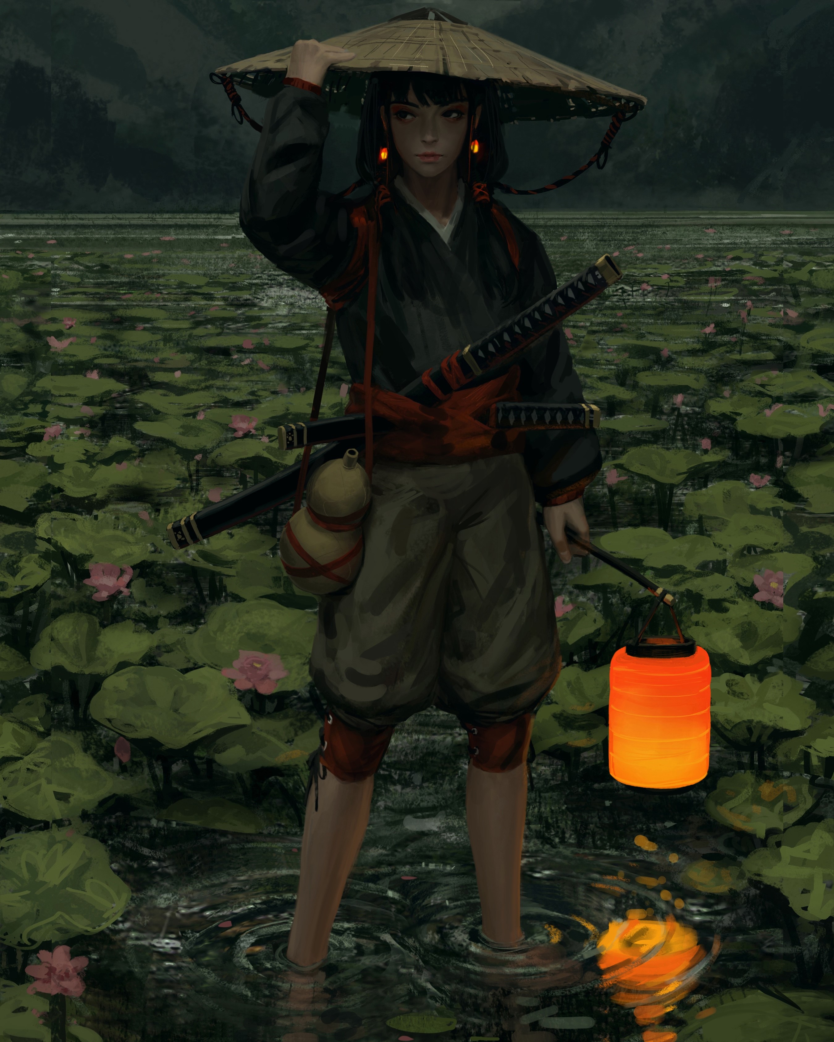 Warrior girl with lantern in a lotus pond HD Phone Wallpaper