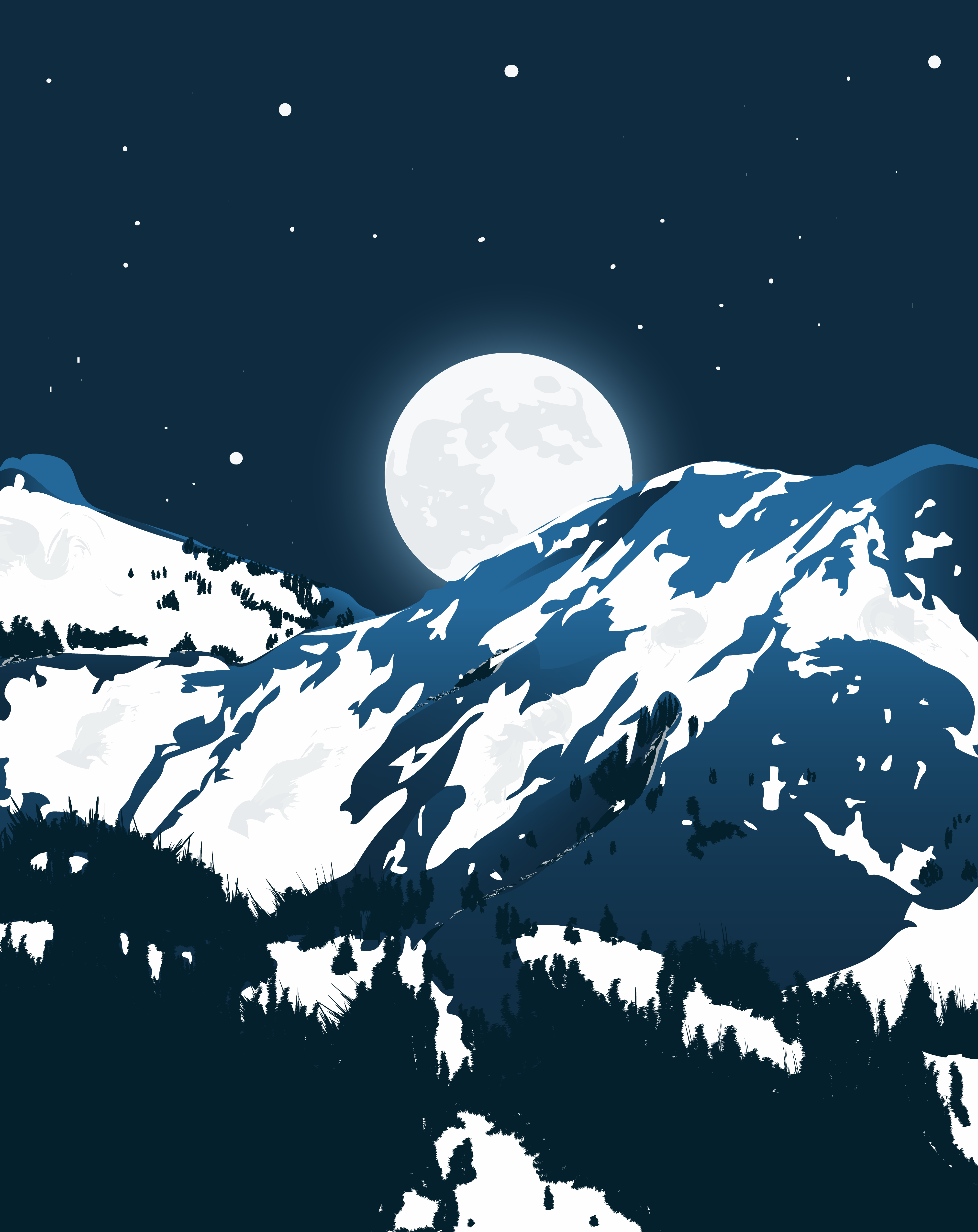 Snowy mountain peaks under a full moon and starry night sky HD Phone Wallpaper