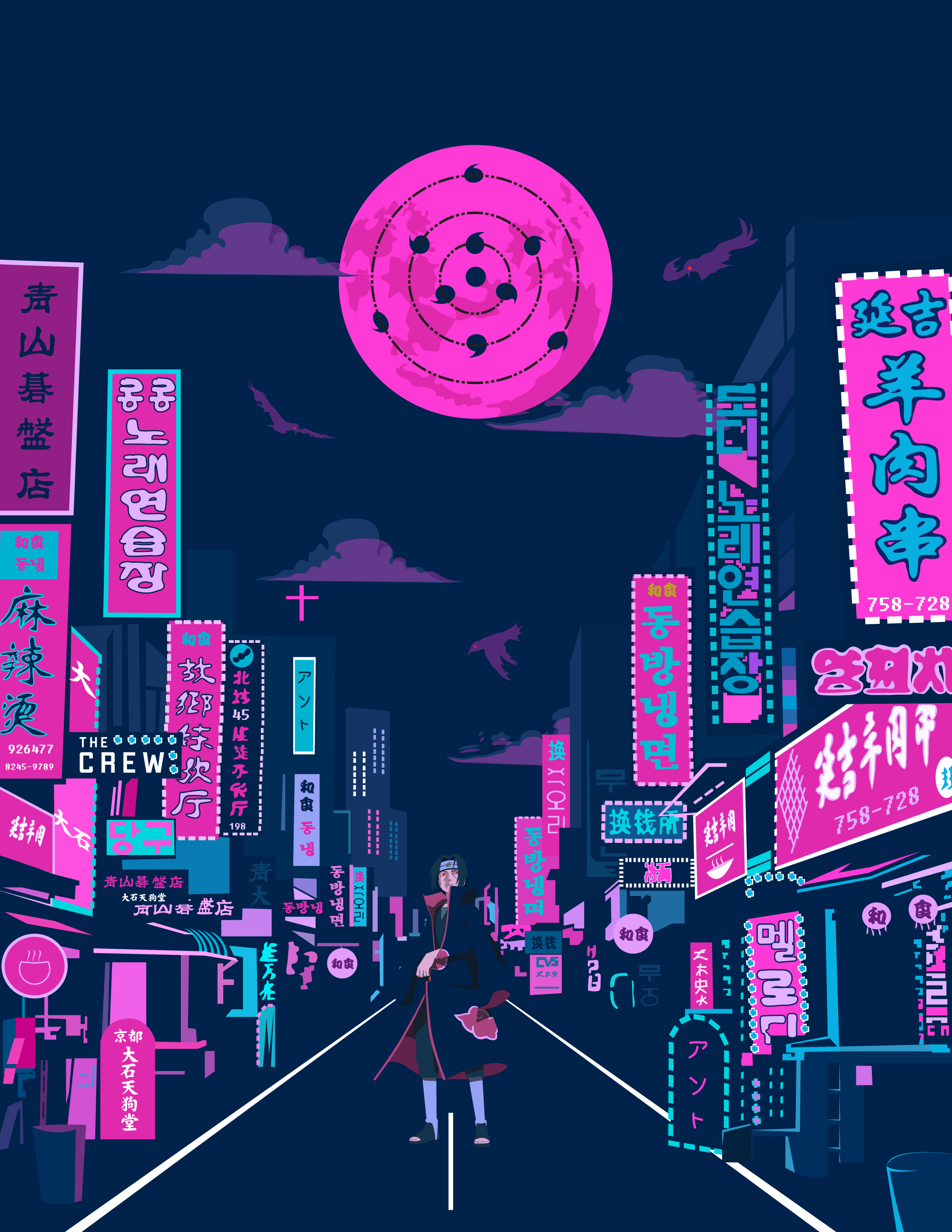 Itachi Uchiha in a neon-lit city under the Mangekyo Sharingan HD Phone Wallpaper