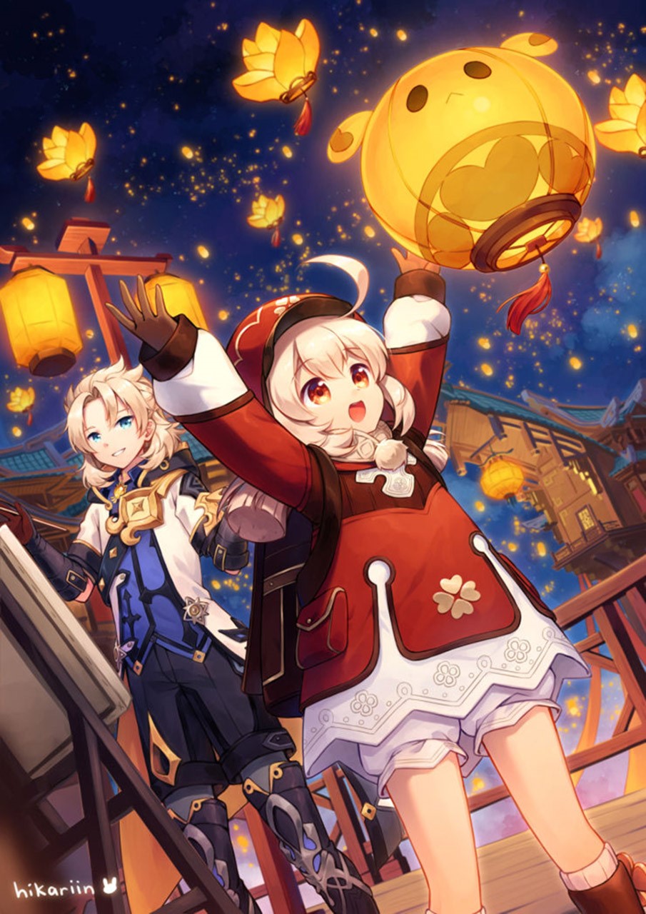 Klee and Albedo from Genshin Impact with lanterns HD Phone Wallpaper