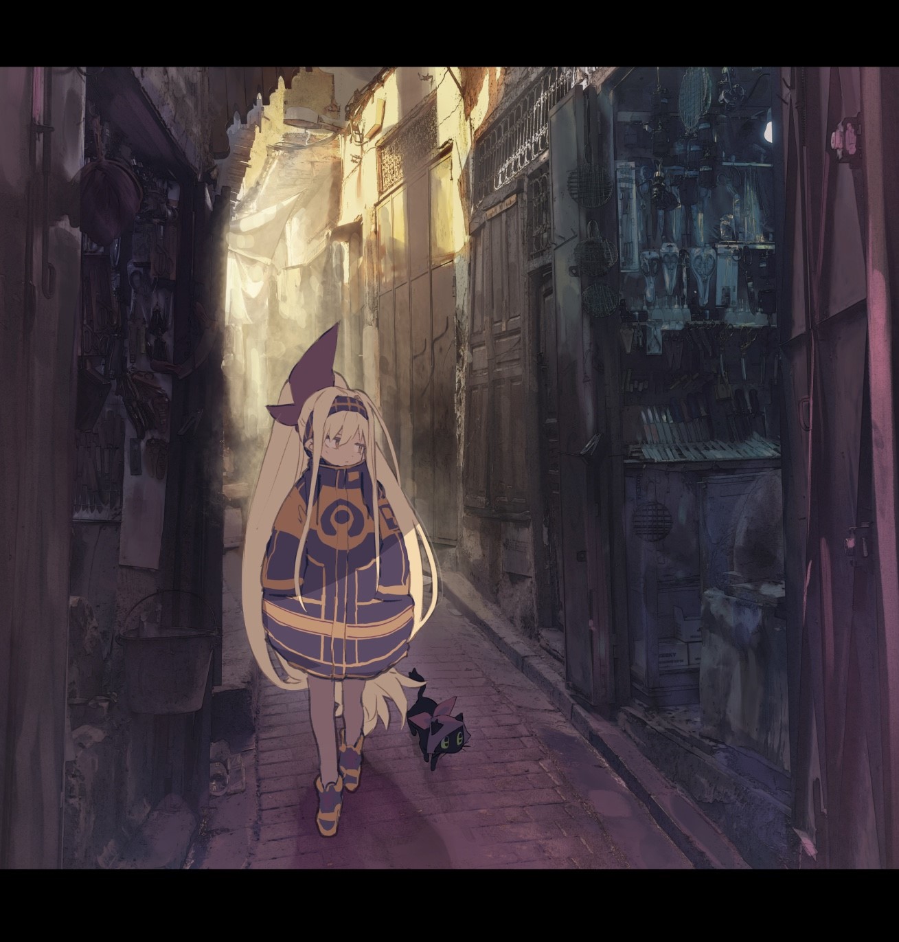 Anime girl with long blonde hair in alleyway with cat HD Phone Wallpaper