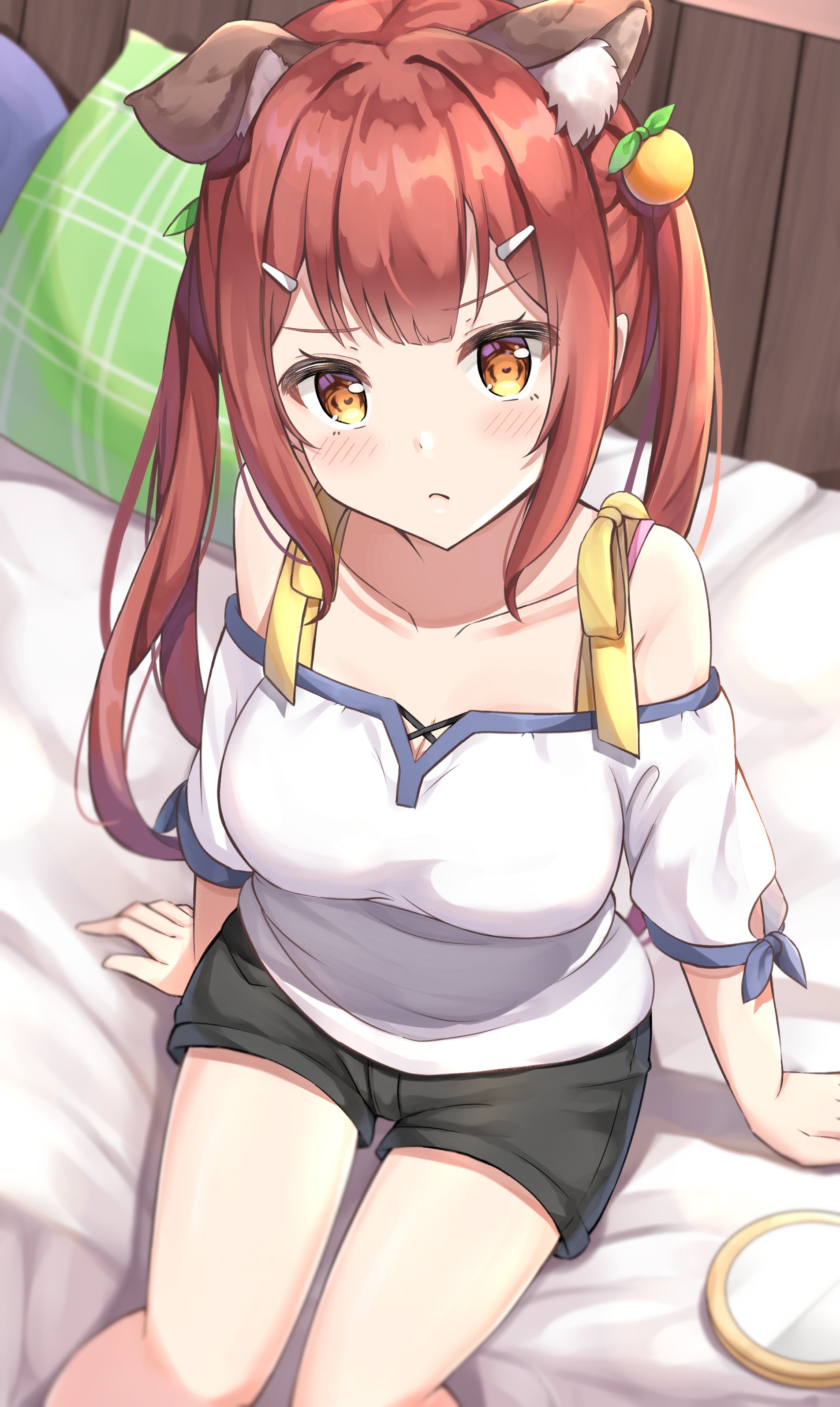 Anime girl with red hair and dog ears sitting on a bed HD Phone Wallpaper