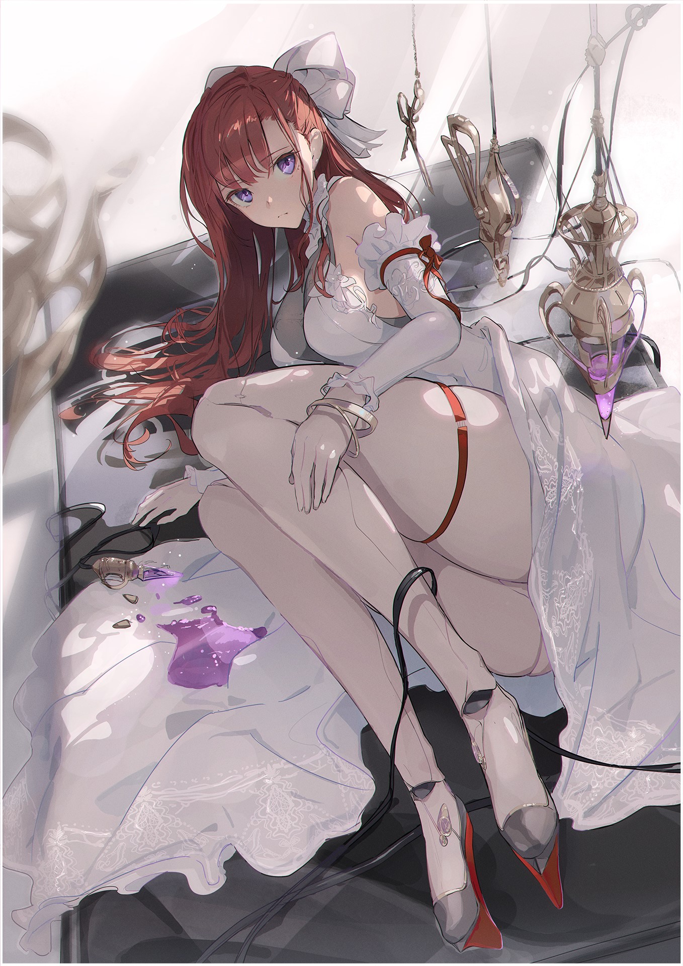 Redhead anime girl in white dress with purple eyes HD Phone Wallpaper