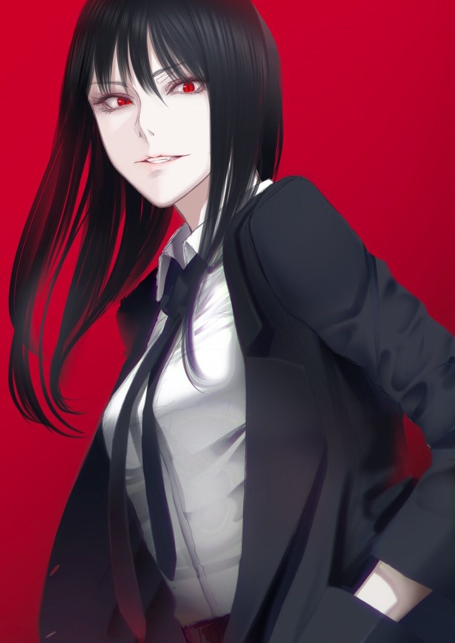 Anime girl with black hair and red eyes in a suit HD Phone Wallpaper