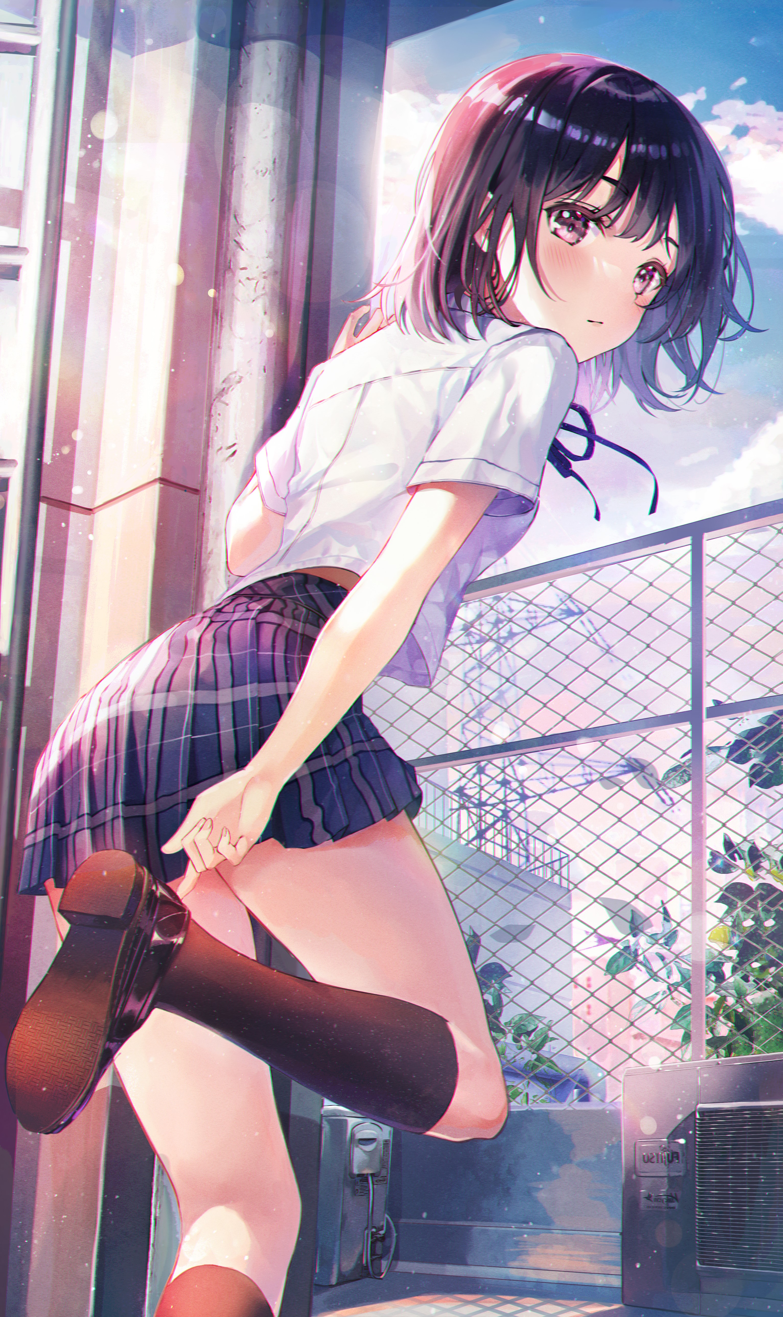 Anime girl with short dark hair in school uniform on rooftops HD Phone Wallpaper