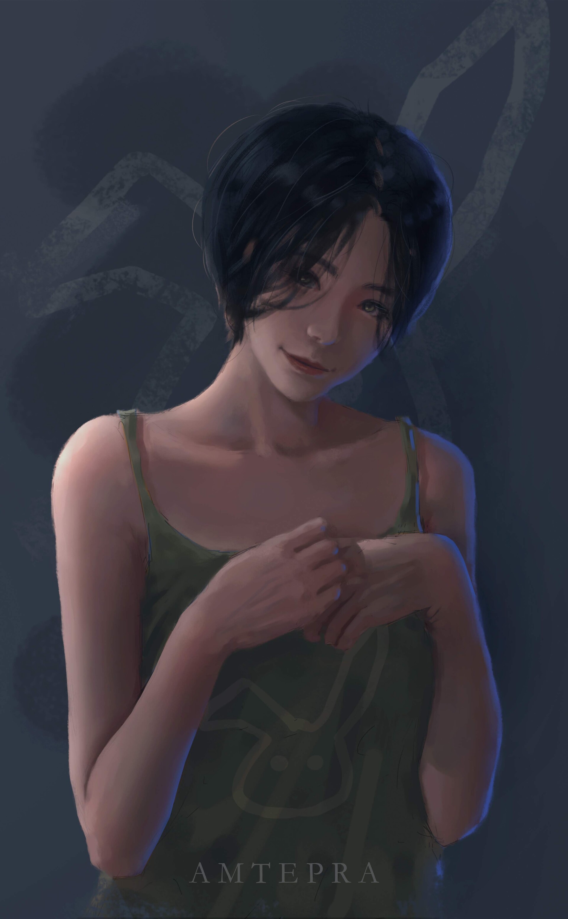 Woman with short black hair in a green top HD Phone Wallpaper