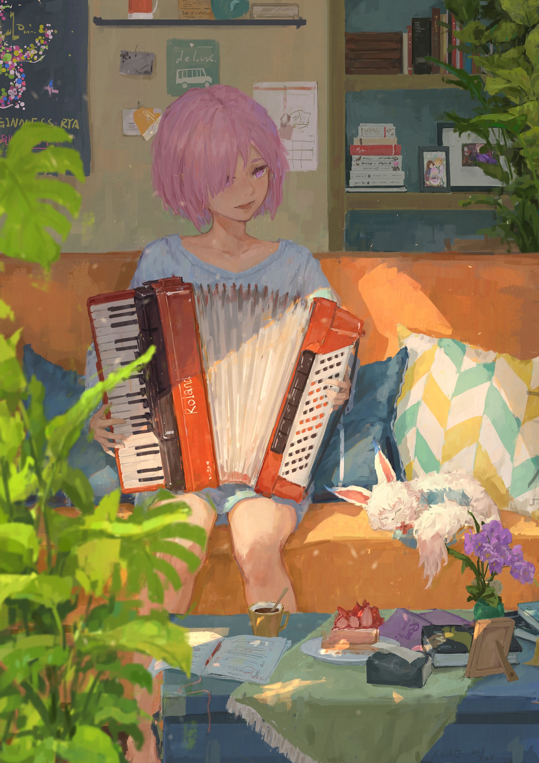 Anime girl with pink hair playing accordion on sofa HD Phone Wallpaper