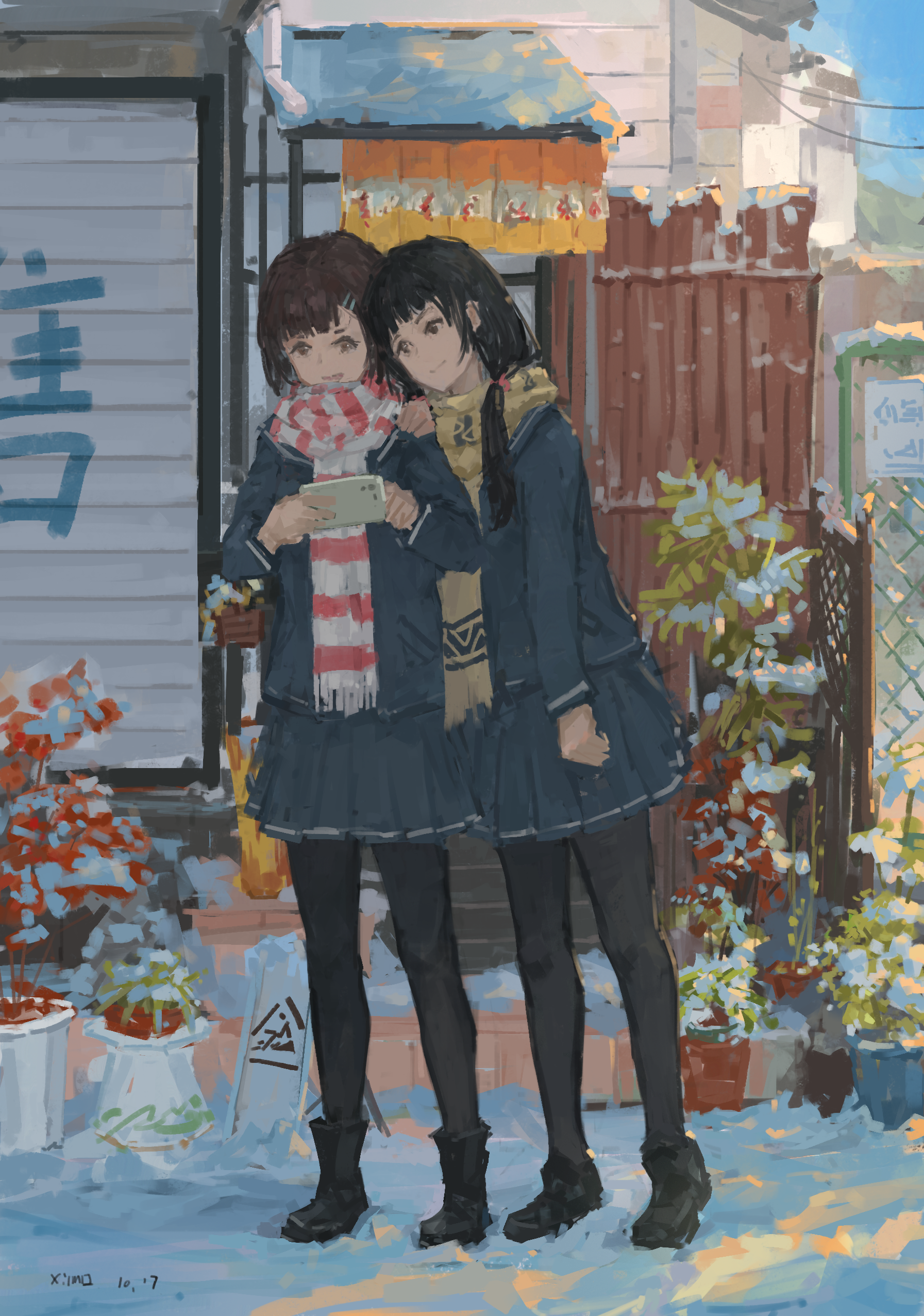 Two anime girls in winter coats taking a selfie HD Phone Wallpaper