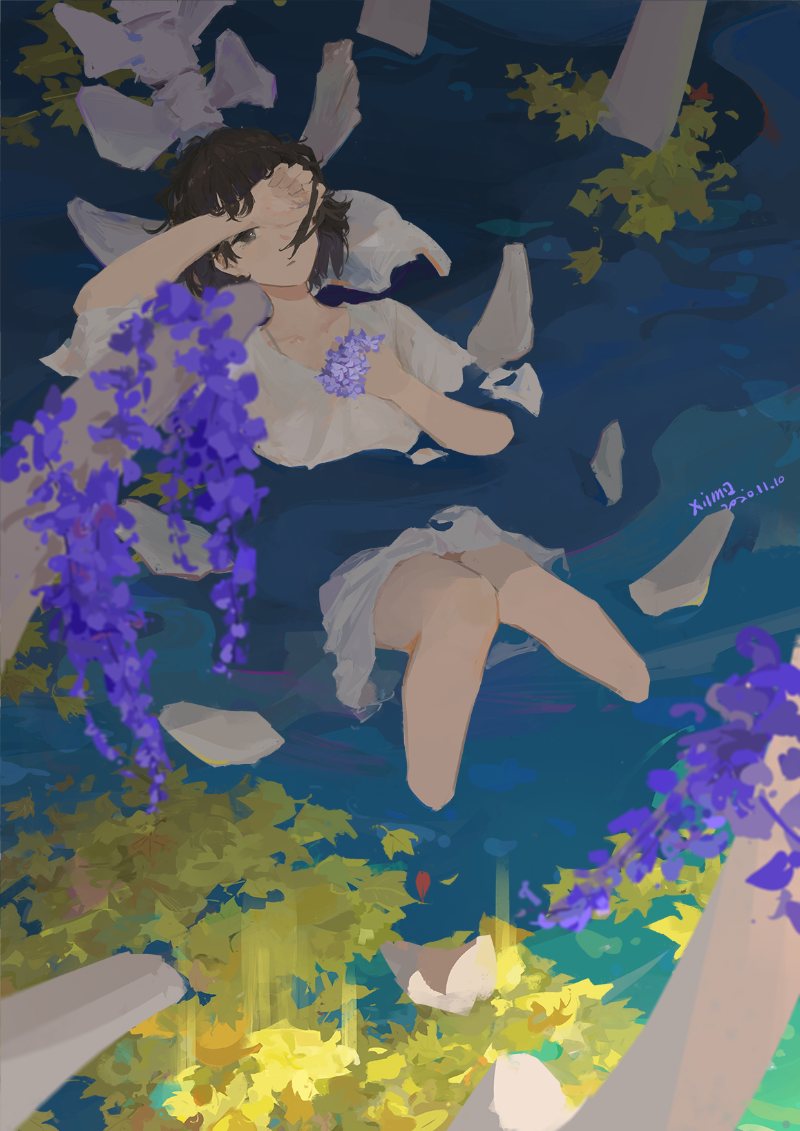 Anime girl floating in water with flowers HD Phone Wallpaper