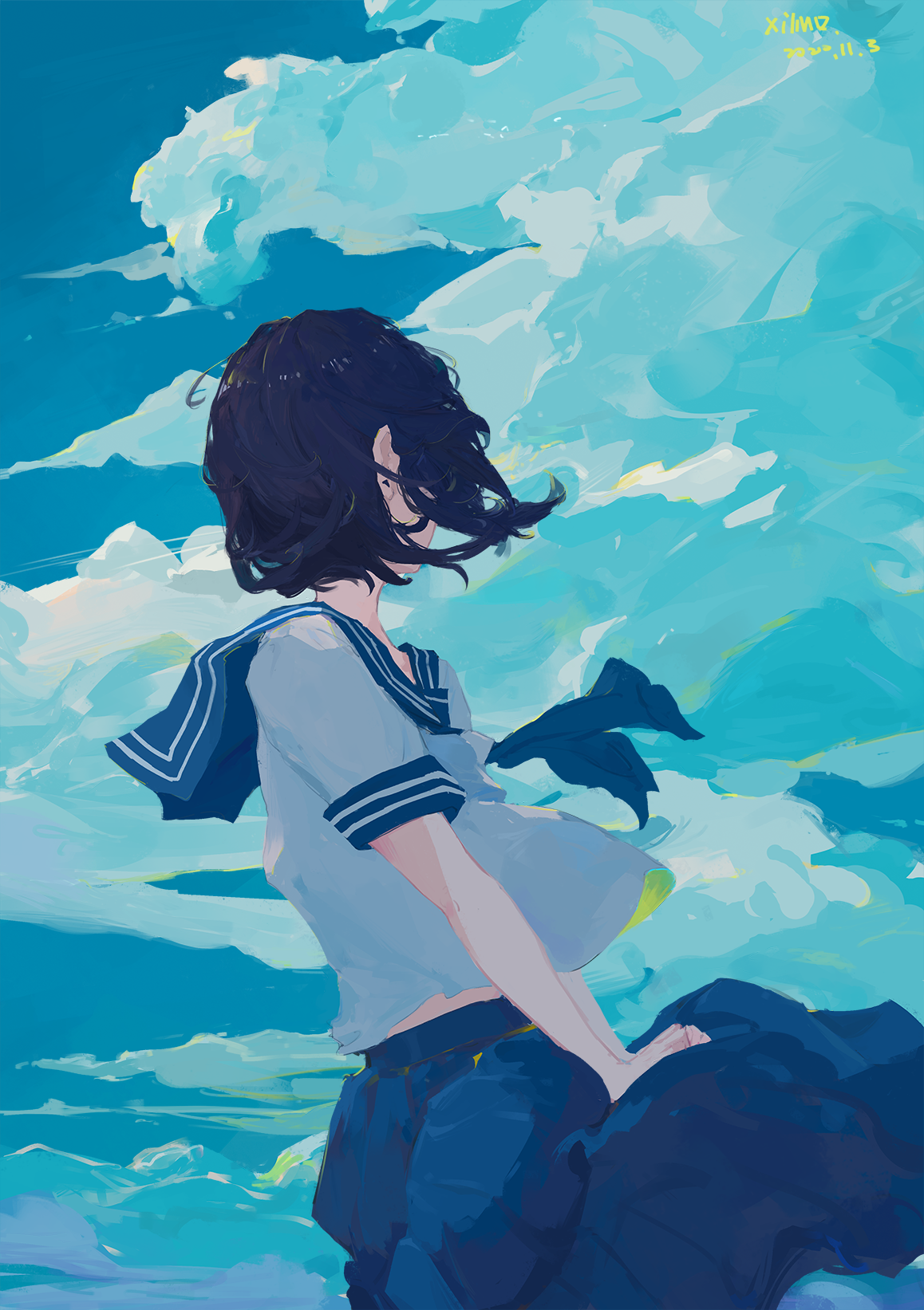Anime girl in sailor uniform against a cloudy sky HD Phone Wallpaper