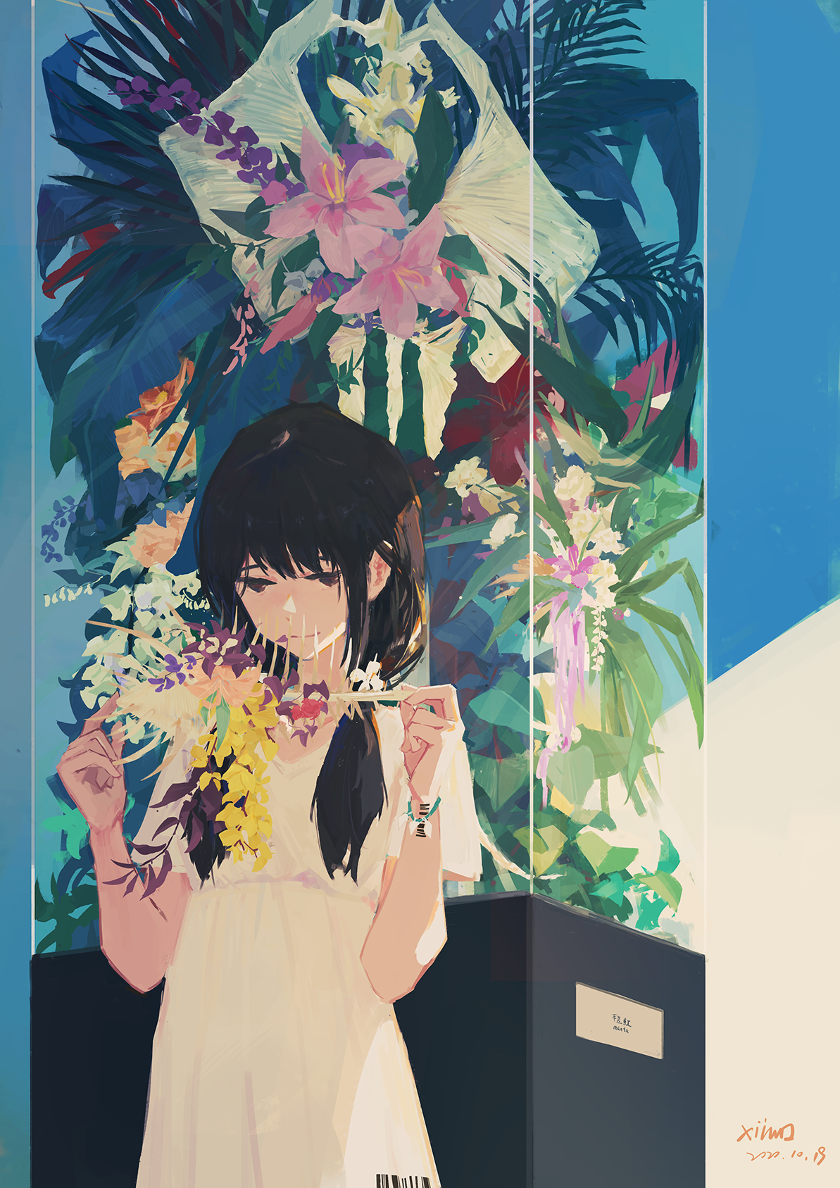 Anime girl with flowers in a display HD Phone Wallpaper