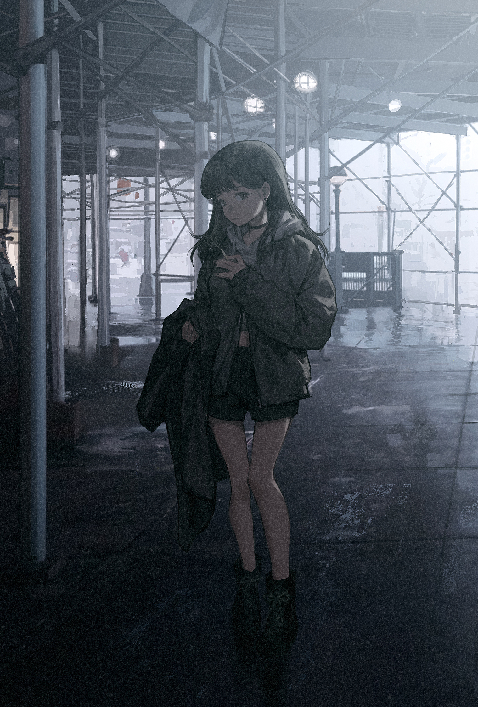 Anime girl with black hair smoking HD Phone Wallpaper