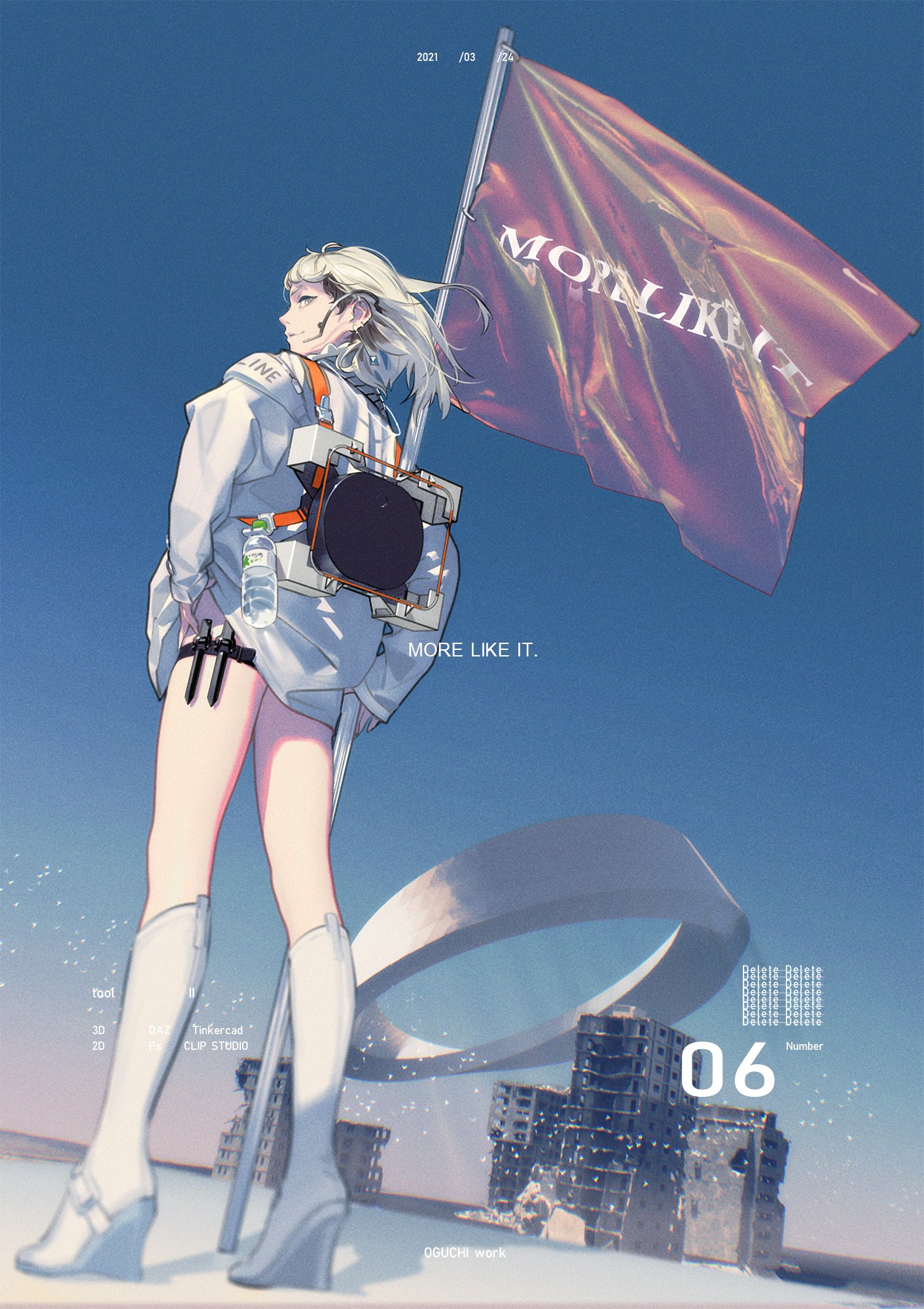 Anime girl with flag and ruins HD Phone Wallpaper