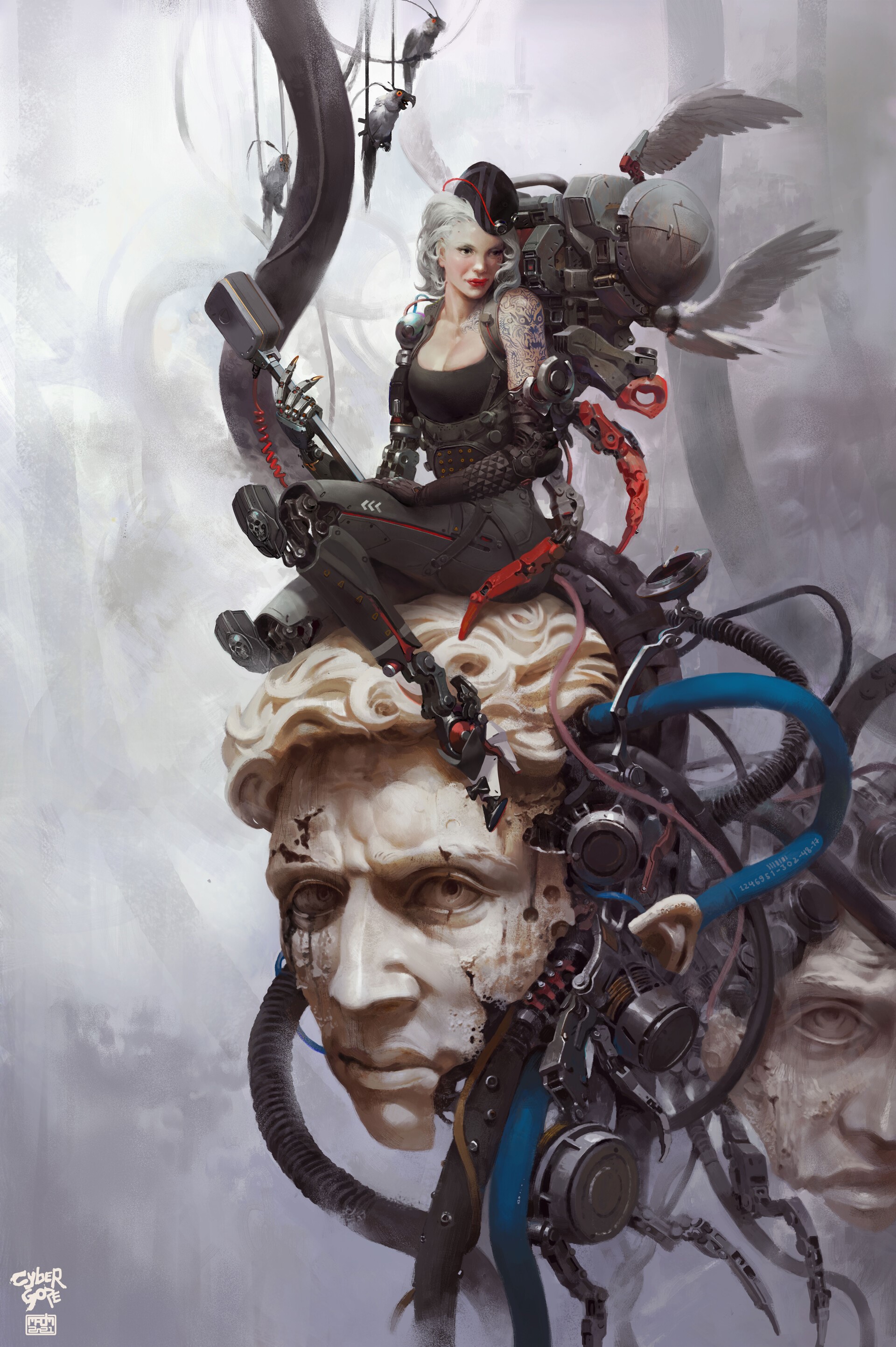 Cyborg woman sitting on a statue head with mechanical parts HD Phone Wallpaper
