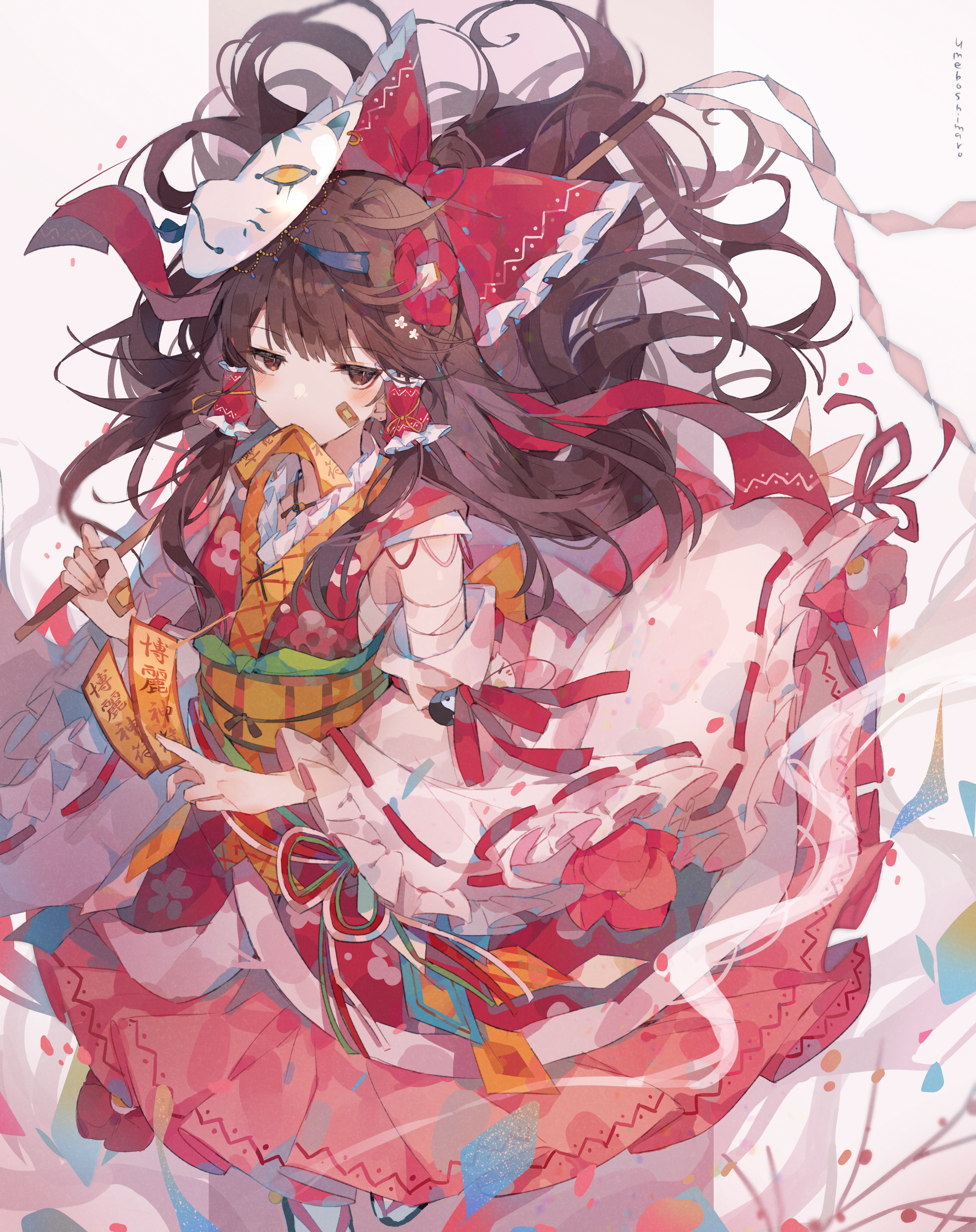Hakurei Reimu from Touhou wearing a mask and kimono HD Phone Wallpaper