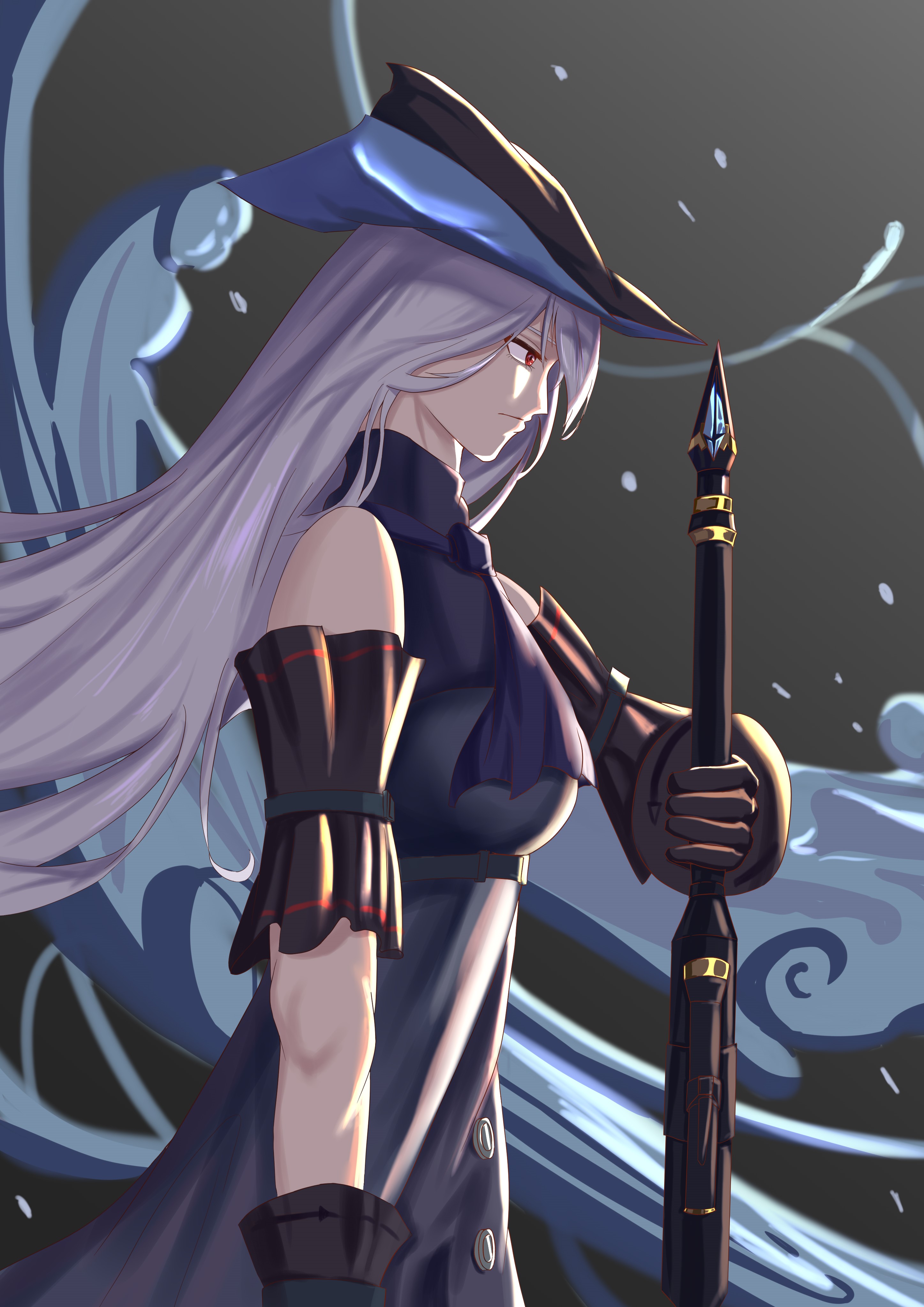 Anime girl with a staff and hat HD Phone Wallpaper