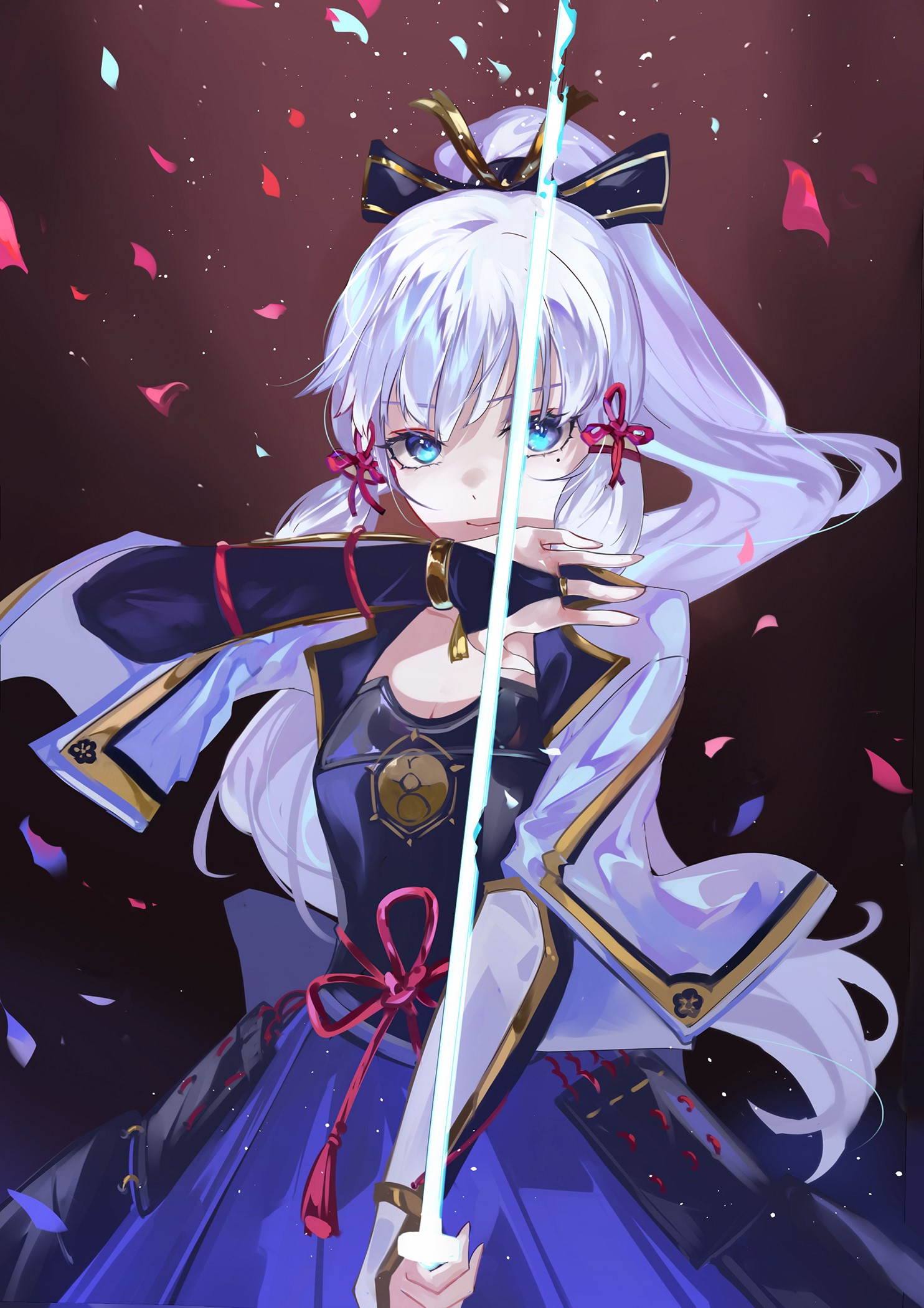Kamisato Ayaka from Genshin Impact with a sword HD Phone Wallpaper