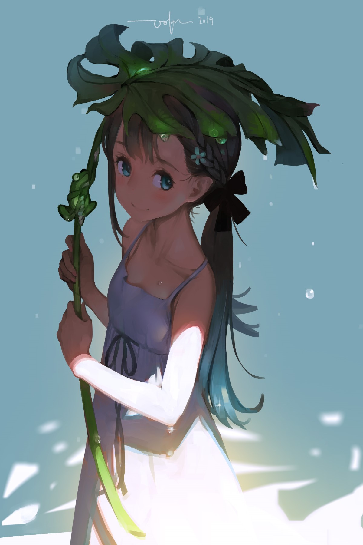 Anime girl holding a large leaf umbrella with a frog HD Phone Wallpaper