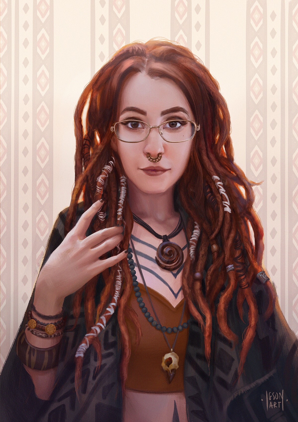 Artwork of a redhead woman with dreadlocks and glasses HD Phone Wallpaper