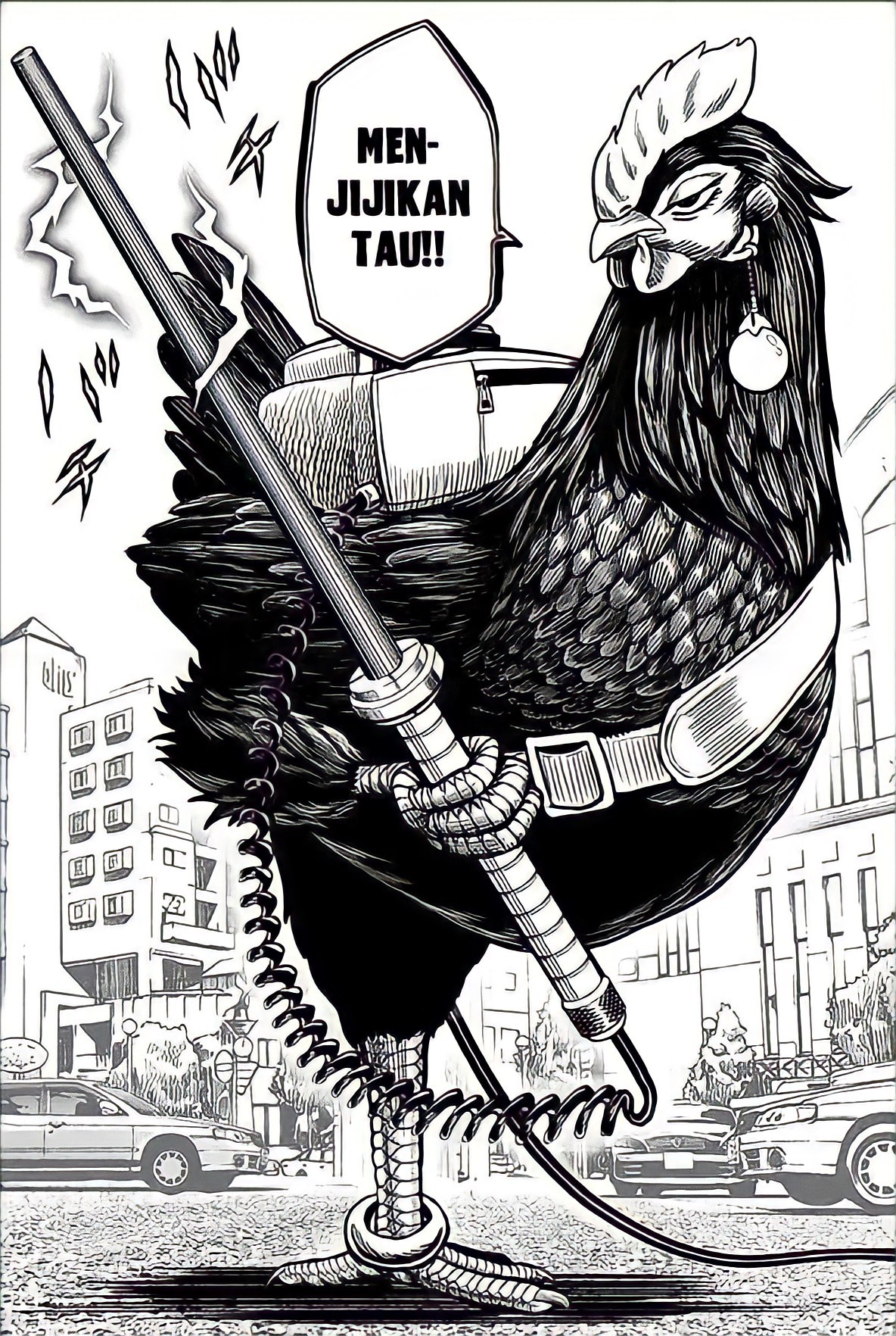 Chicken with a sword and a speech bubble HD Phone Wallpaper