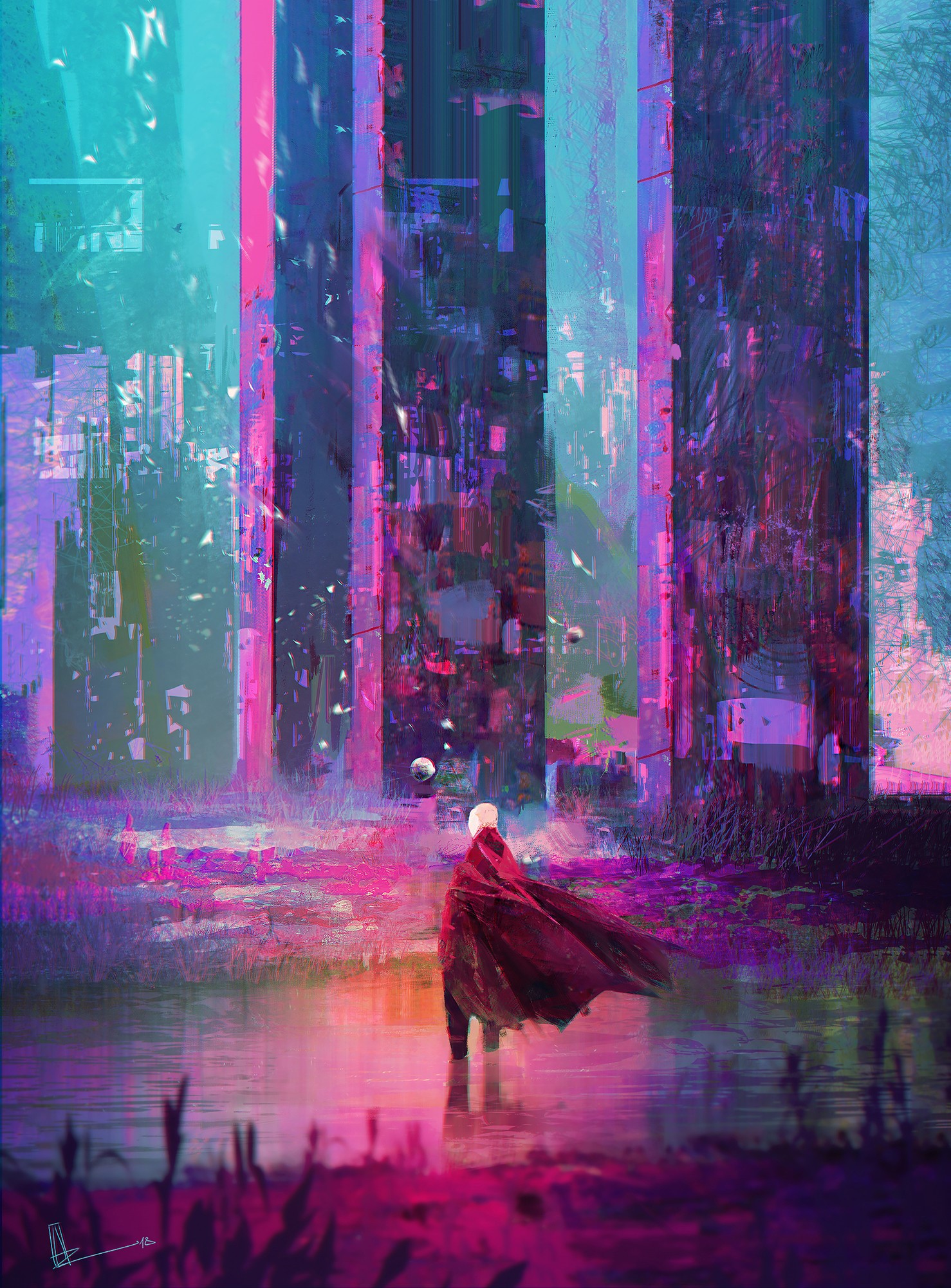 Figure in a cape in a surreal landscape HD Phone Wallpaper