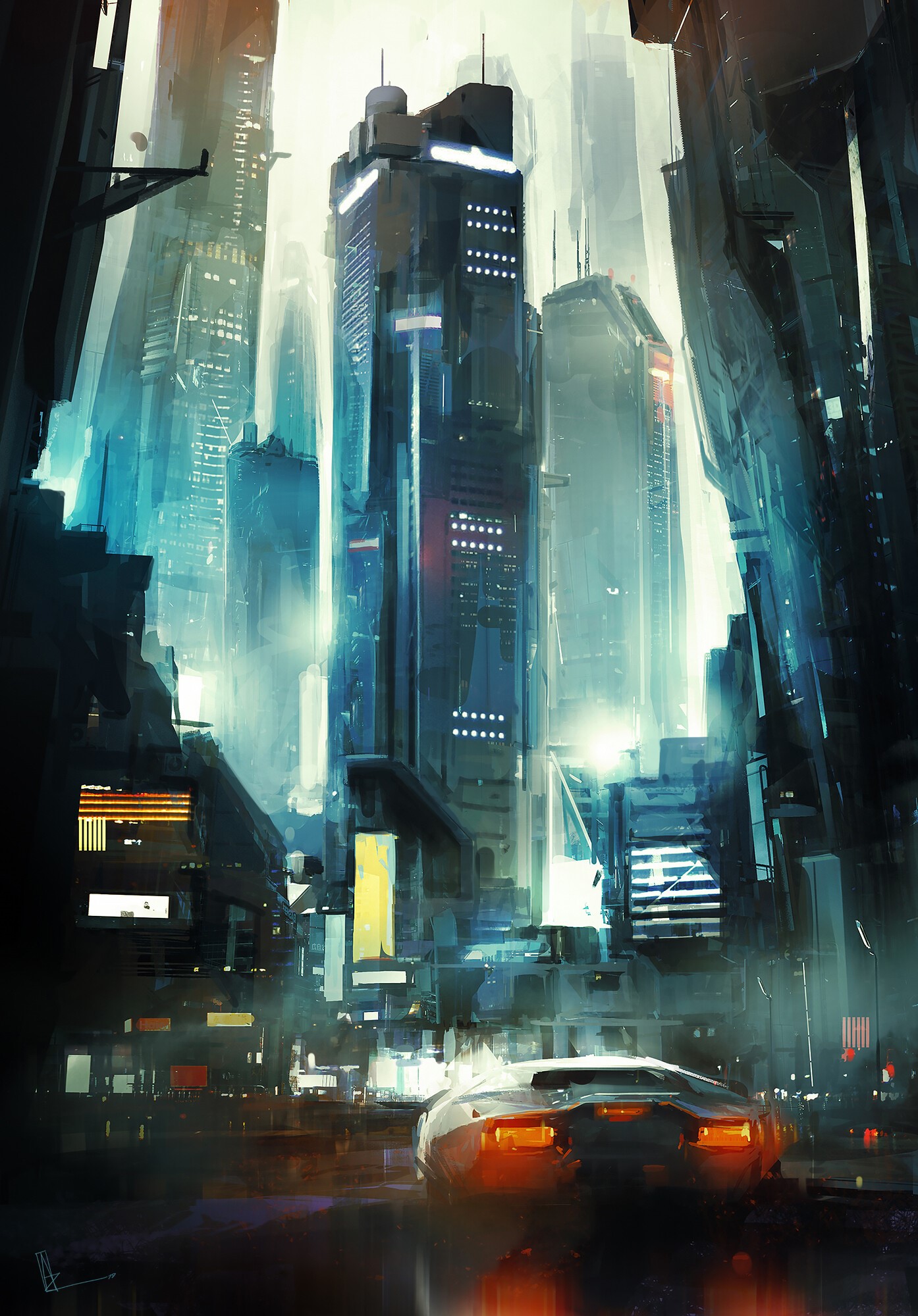 Futuristic cyberpunk city with tall buildings and a car HD Phone Wallpaper